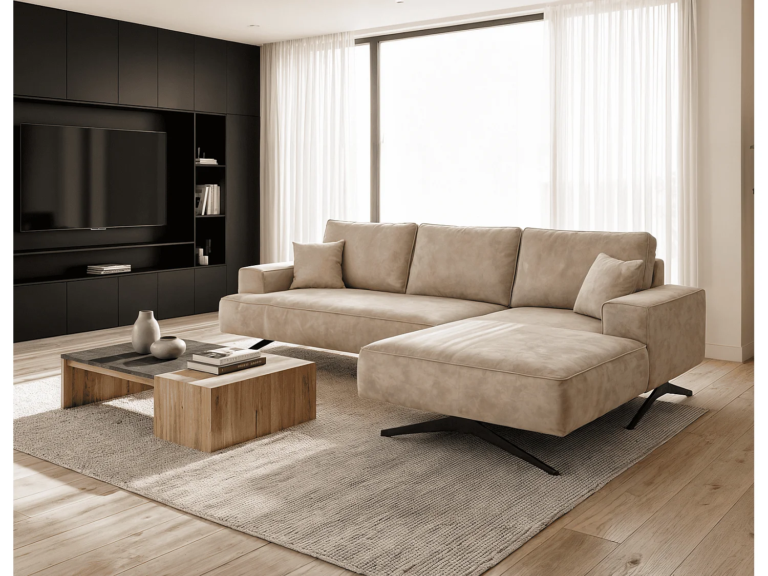 Ecksofa Zenaro in L-Form auf Füßen - modernes Design, Sofa 260 cm, rechts, Beige