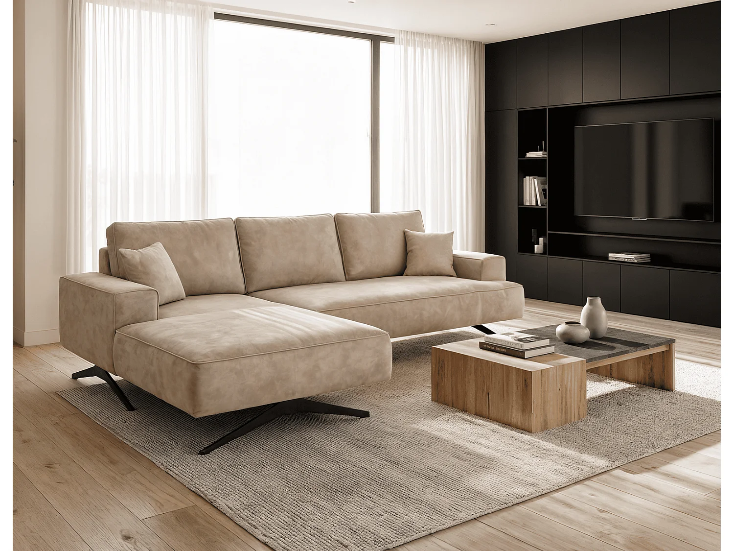 Ecksofa Zenaro in L-Form auf Füßen - modernes Design, Sofa 260 cm, links, Beige