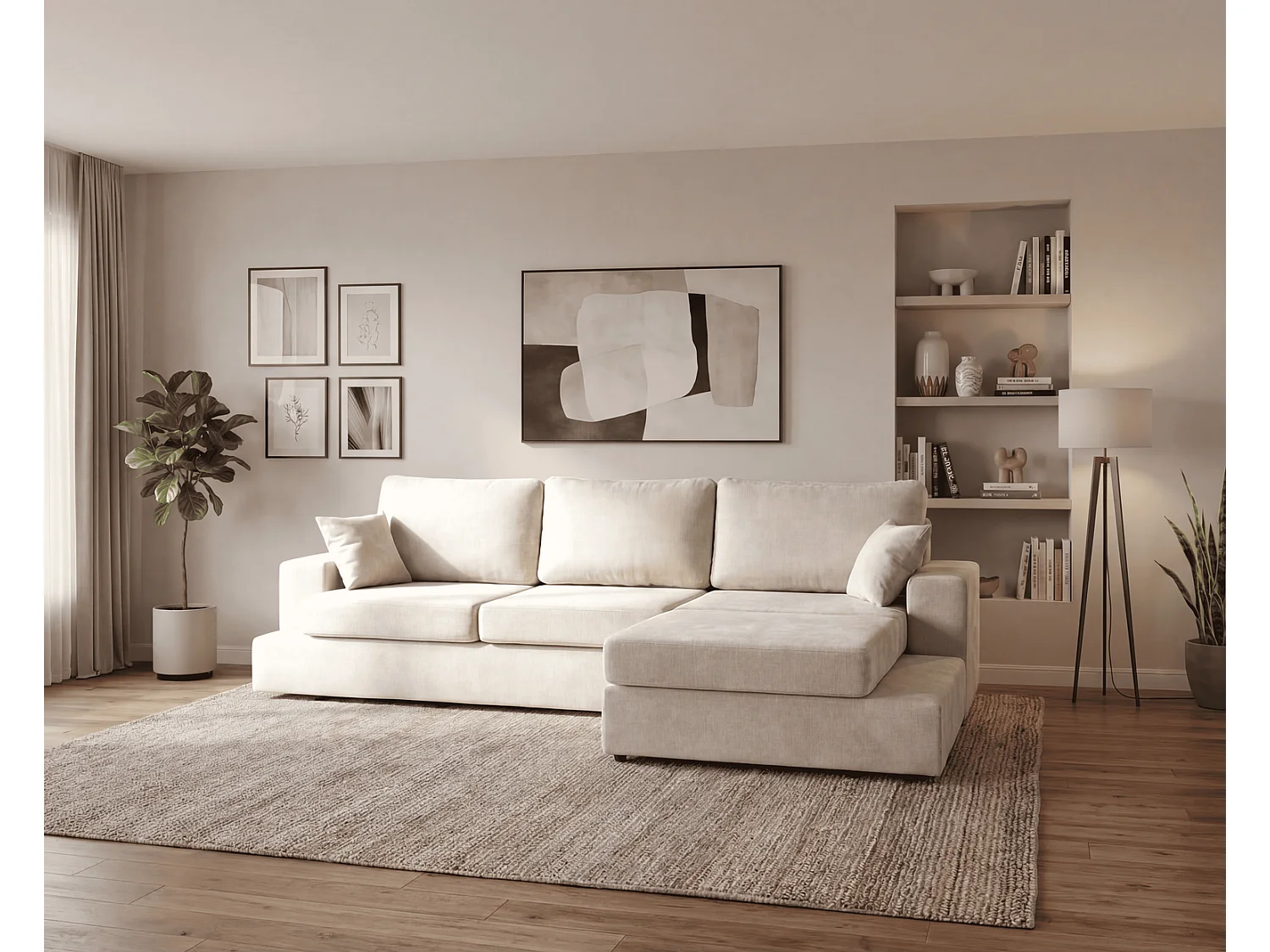 Canapé d'angle moelleux Fidenzo 260 cm, droite, non convertible, design moderne, crème