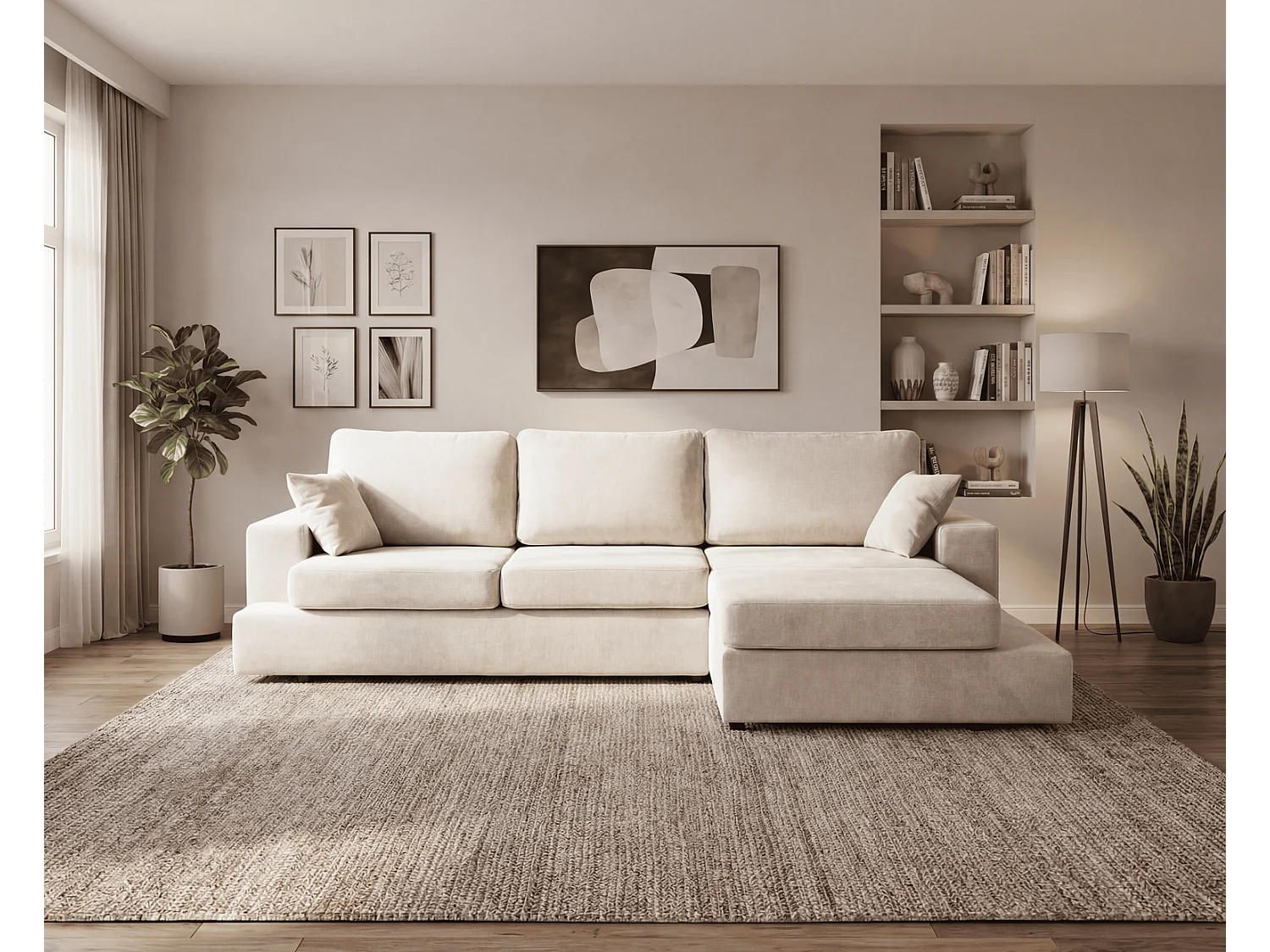 Canapé d'angle moelleux Fidenzo 260 cm, droite, non convertible, design moderne, crème