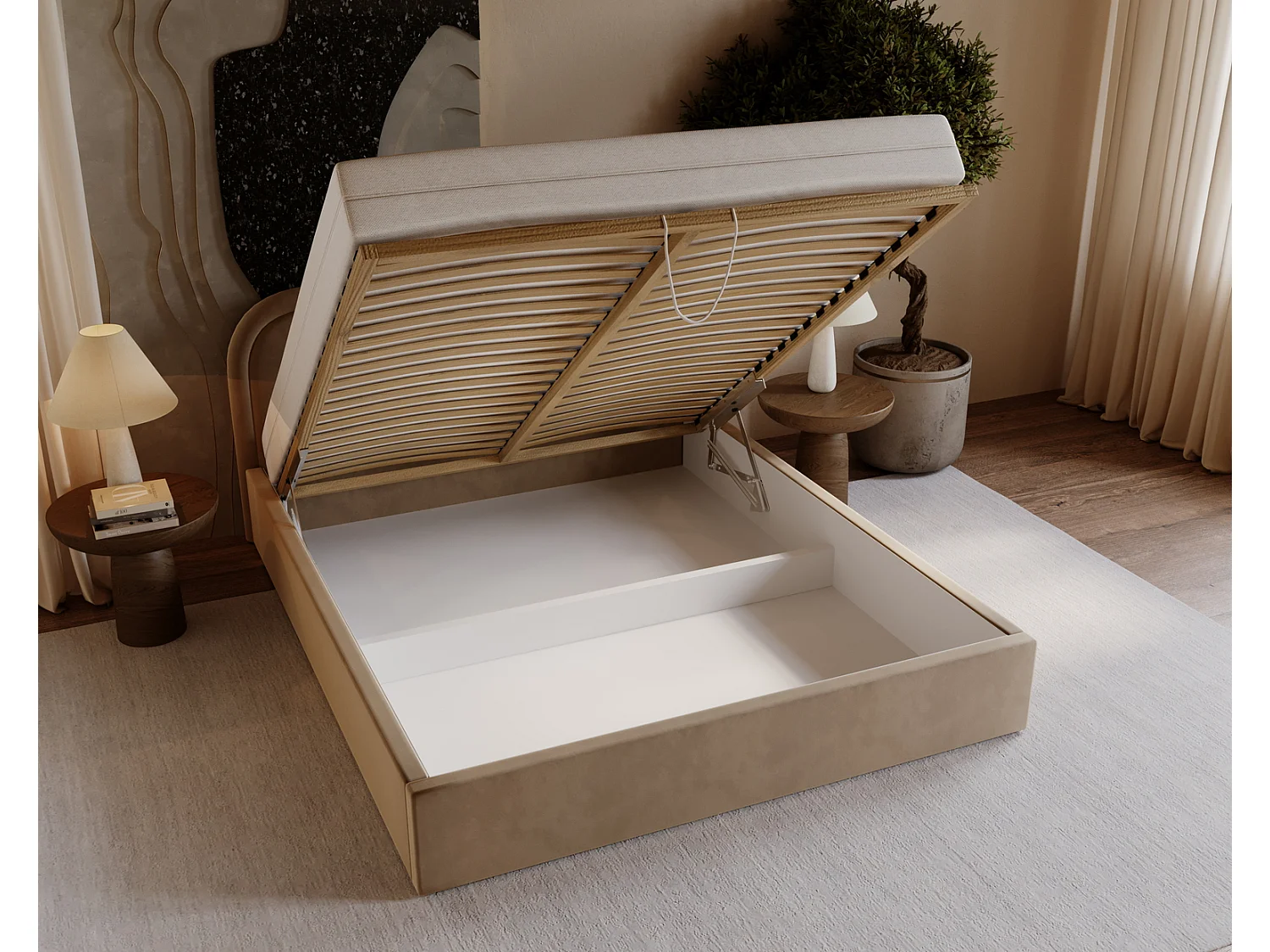 Gestoffeerd bed 200x200 Dune met rond hoofdbord, opbergruimte en lattenbodem, tweepersoonsbed, Latte