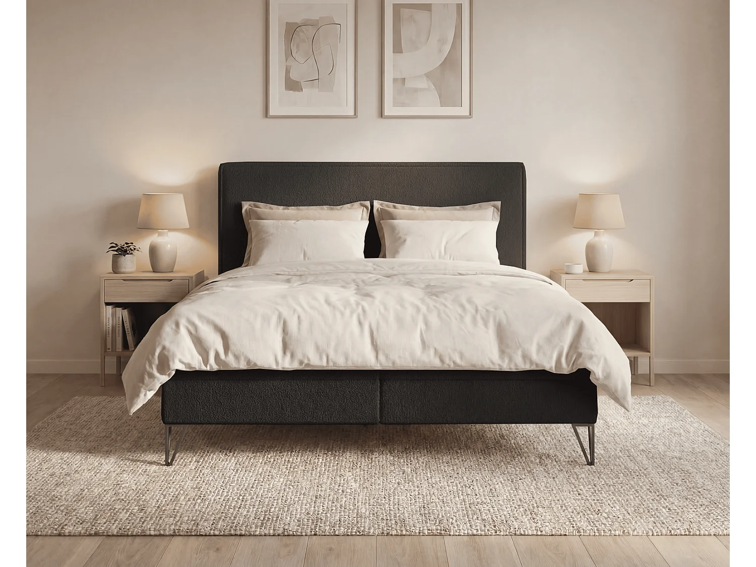 Lit continental bouclé 180x200 Sofia Box - matelas H3, coffre de rangement, surmatelas - Noir