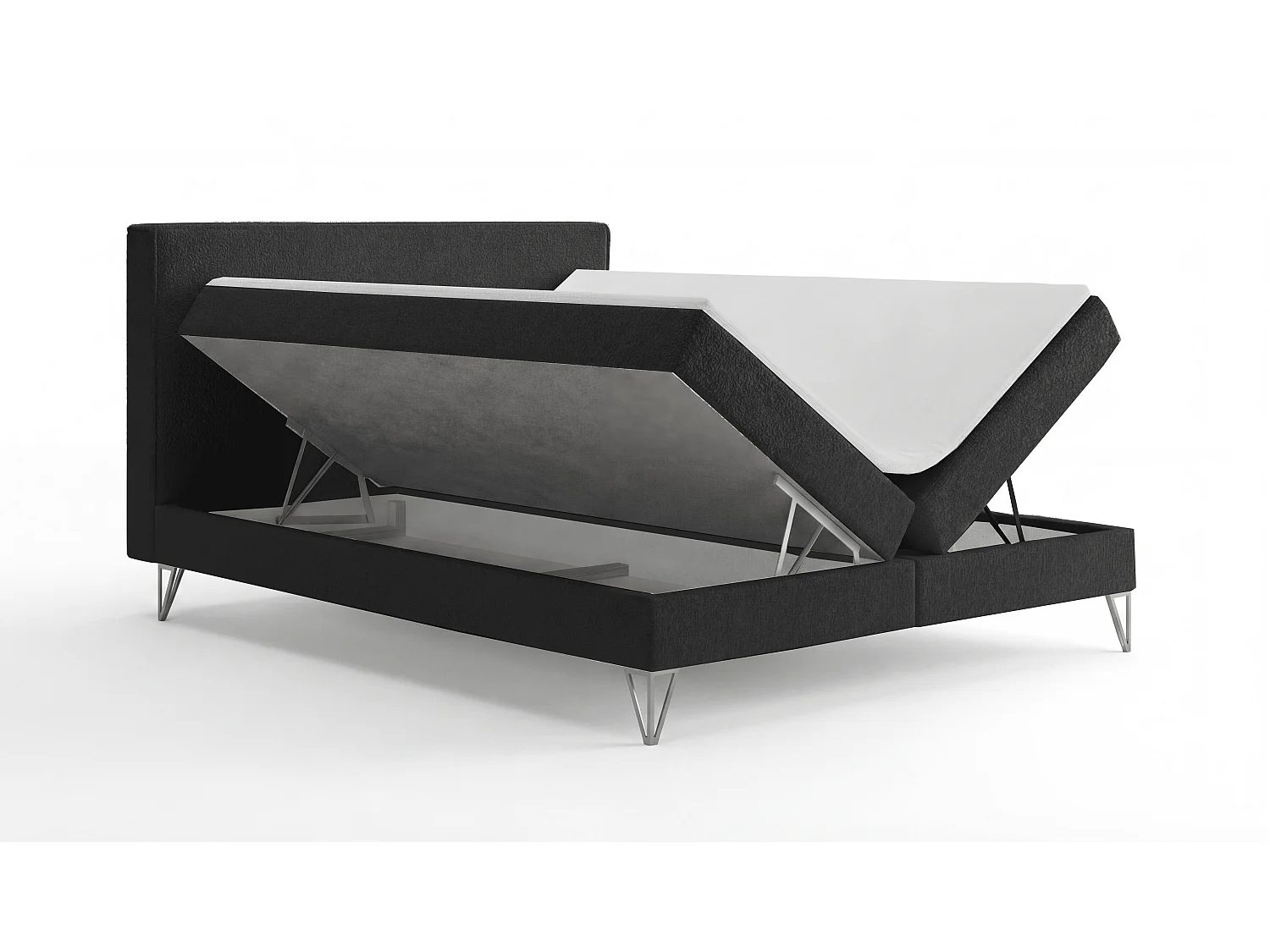 Lit continental bouclé 180x200 Sofia Box - matelas H3, coffre de rangement, surmatelas - Noir