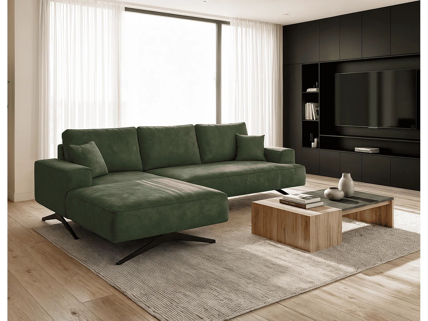 Ecksofa Zenaro in L-Form auf Füßen - modernes Design, Sofa 260 cm, links, Grün