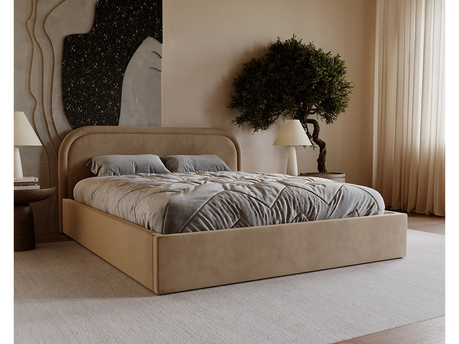Gestoffeerd bed 160x200 Dune met rond hoofdbord, opbergruimte en lattenbodem, tweepersoonsbed, Latte