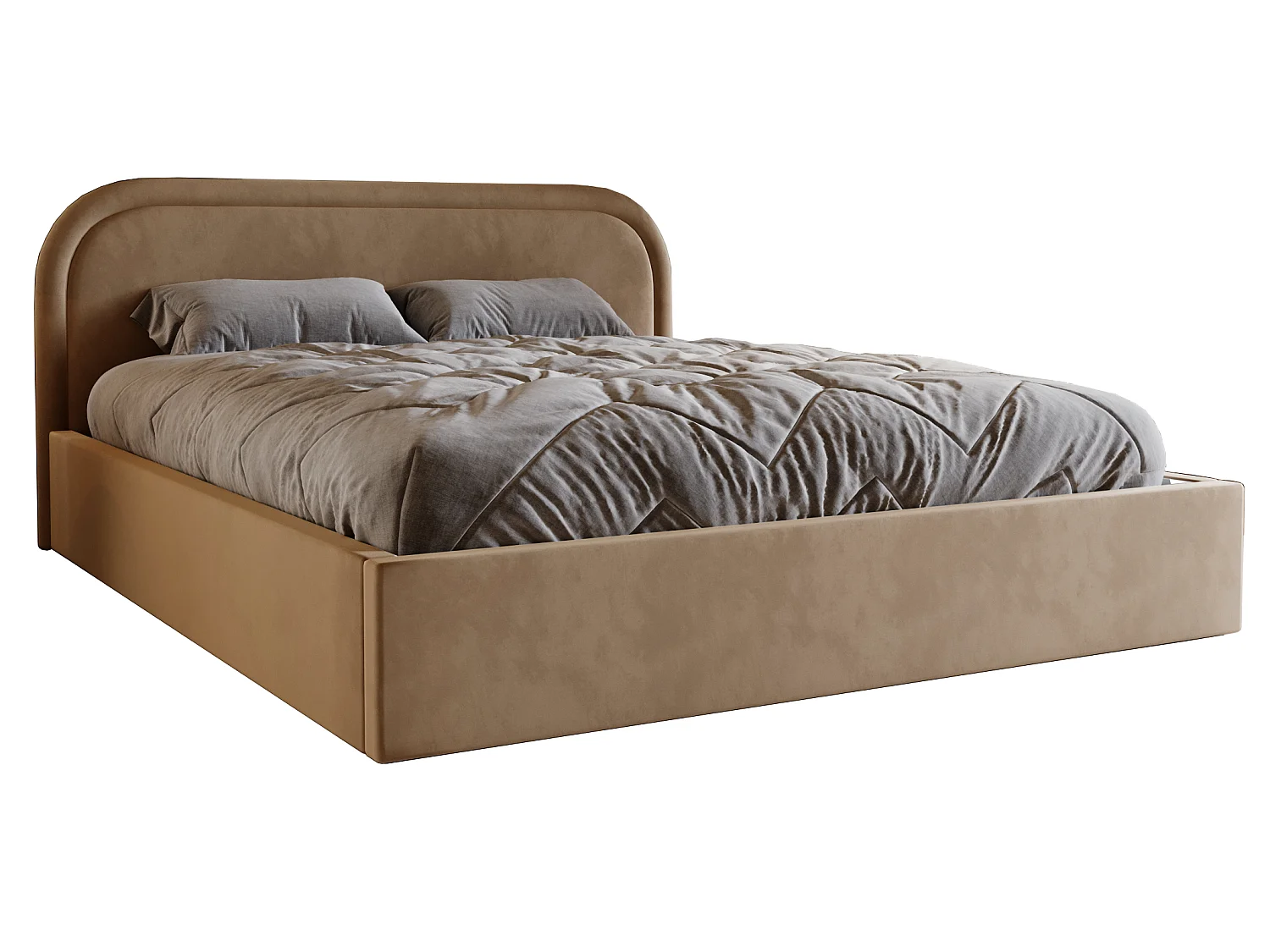 Gestoffeerd bed 160x200 Dune met rond hoofdbord, opbergruimte en lattenbodem, tweepersoonsbed, Latte