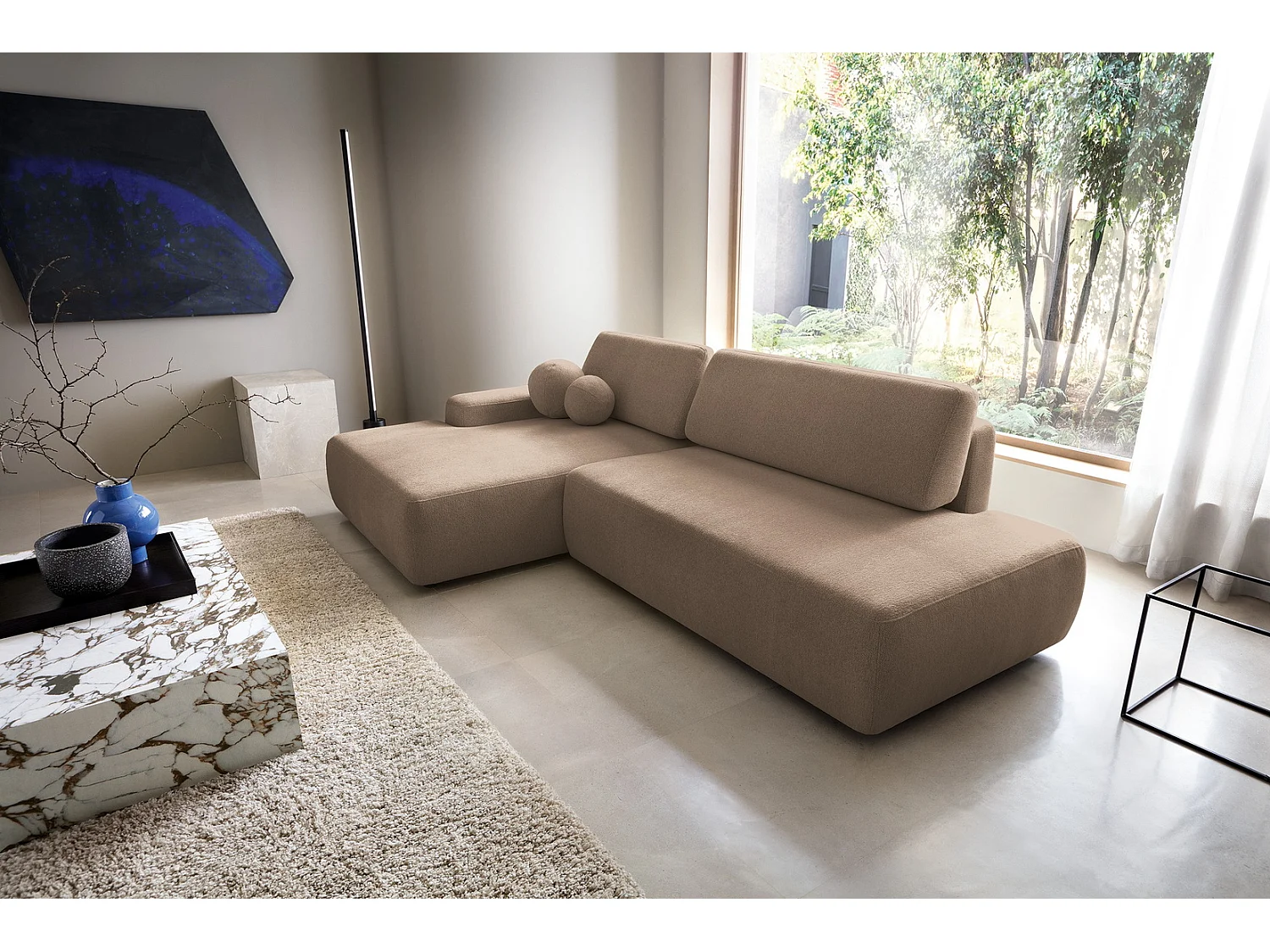 Canapé d'angle Orea O avec rangement design aux formes arrondies - canapé d'angle convertible, gauche, marron