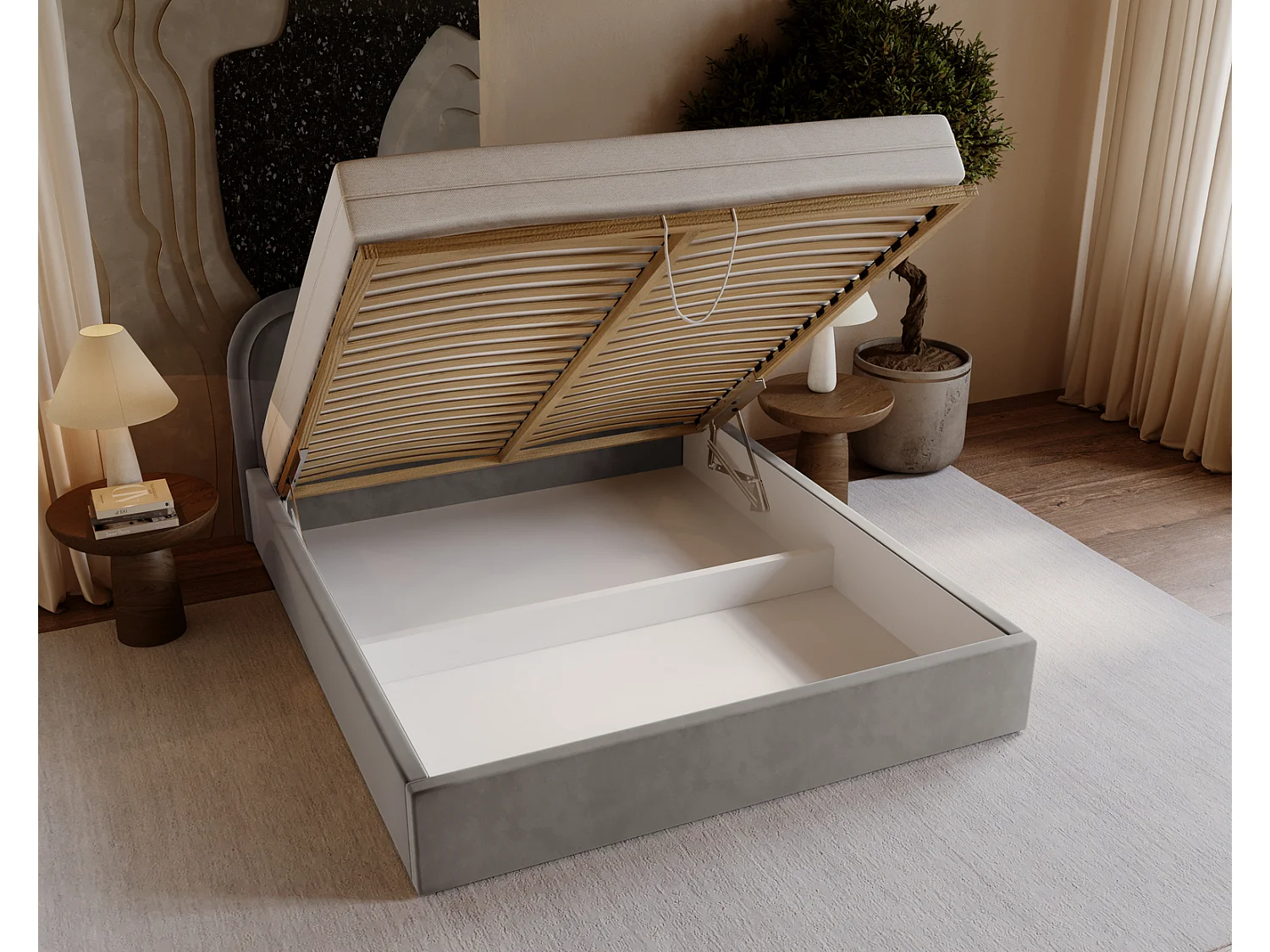 Lit coffre 200x200 Dune avec tête de lit arrondie, sommier à lattes, lit double, Gris clair