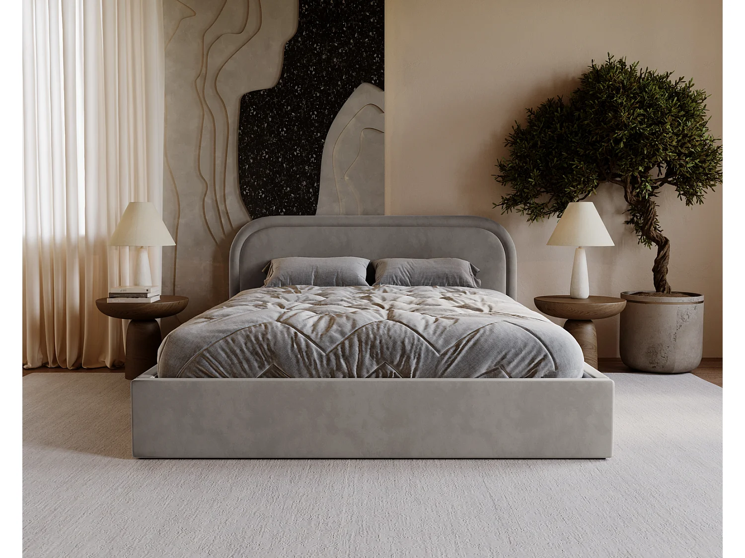 Lit coffre 180x200 Dune avec tête de lit arrondie, sommier à lattes, lit double, Gris clair