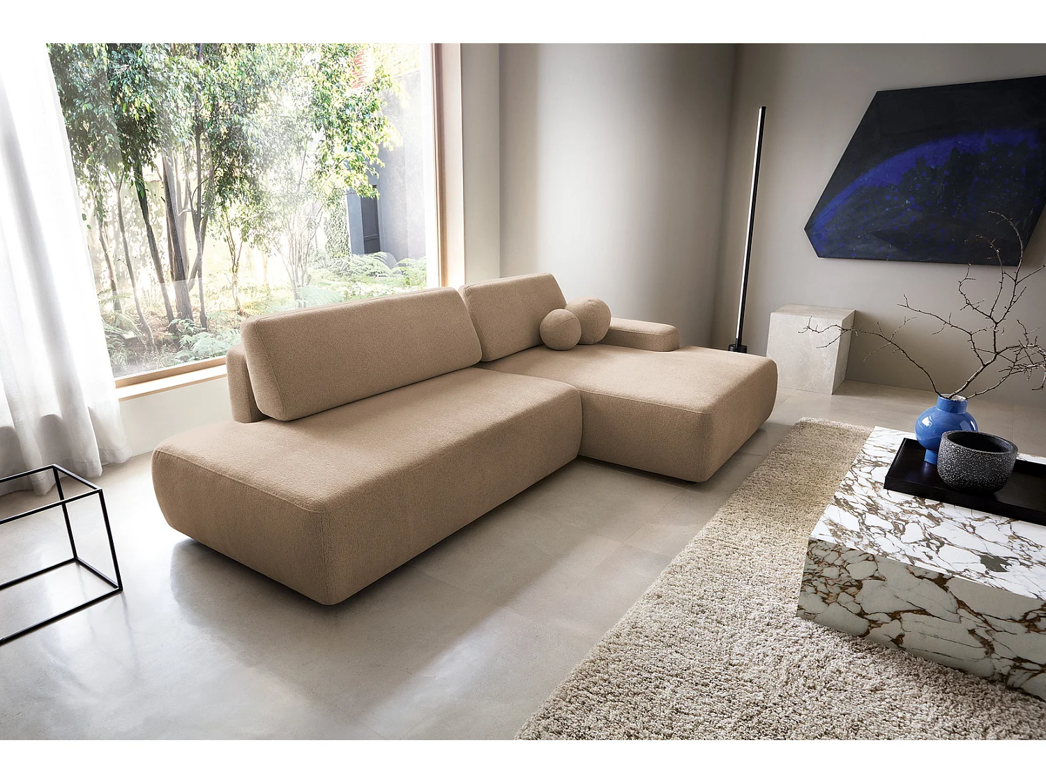 Canapé d'angle Orea O avec rangement design aux formes arrondies - canapé d'angle convertible, droit, marron clair