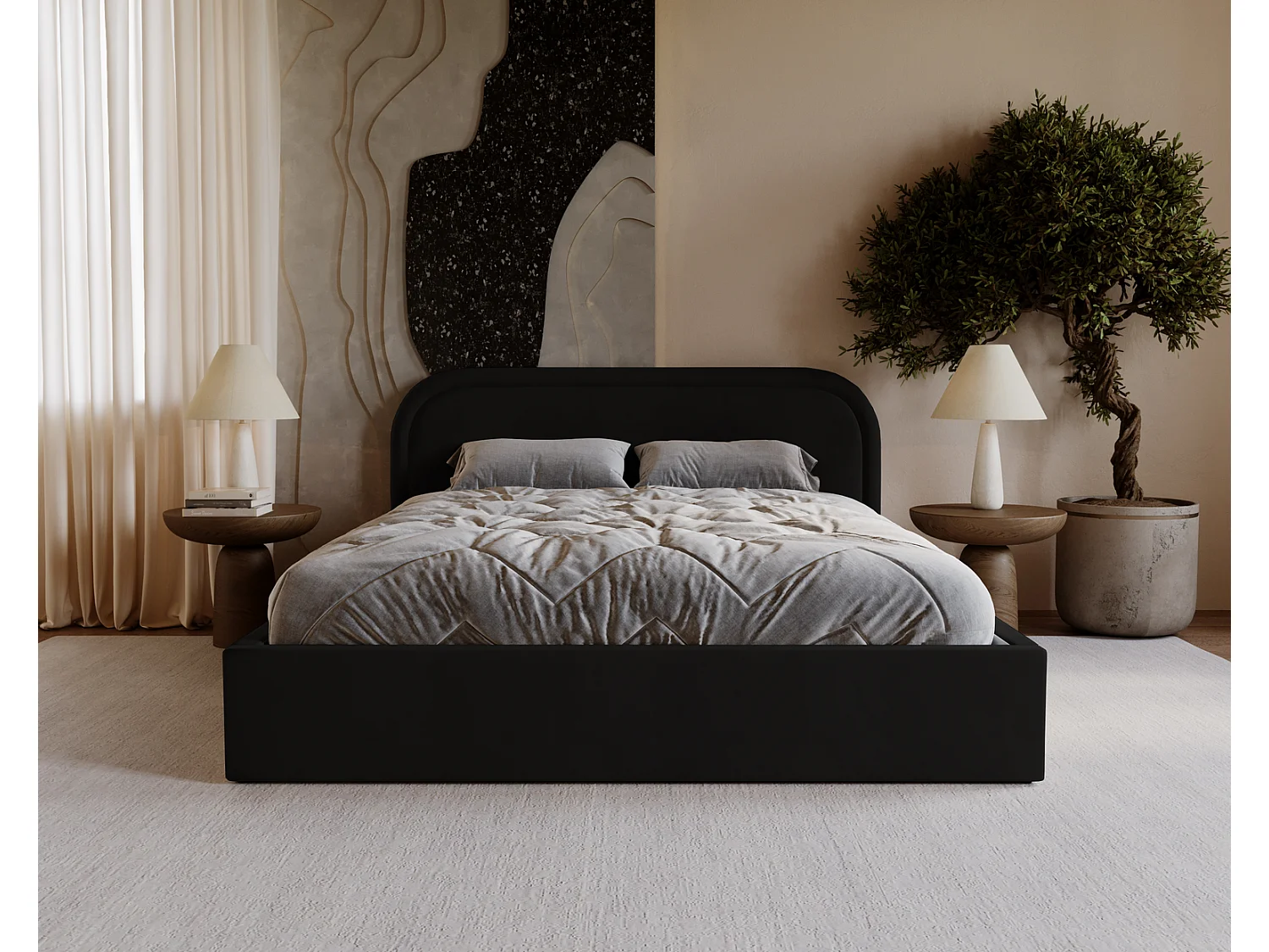 Lit coffre 160x200 Dune avec tête de lit arrondie, sommier à lattes, lit double, Noir