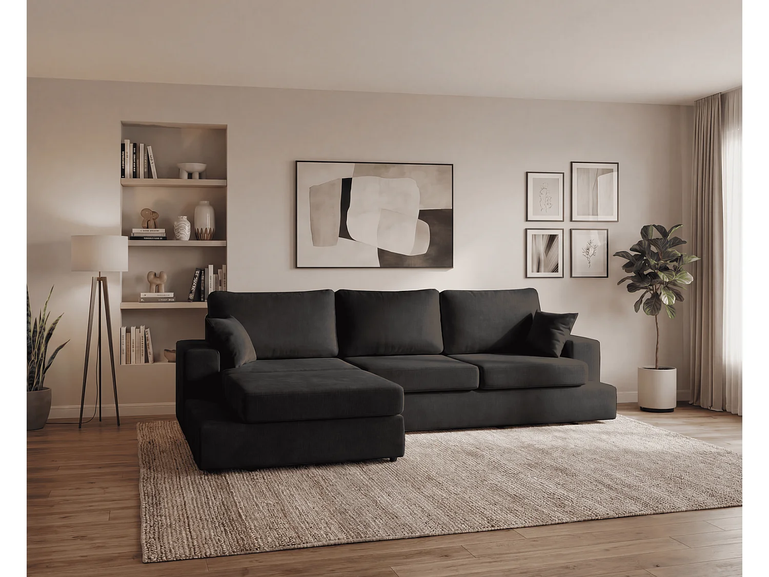 Canapé d'angle moelleux Fidenzo 260 cm, gauche, non convertible, design moderne, noir