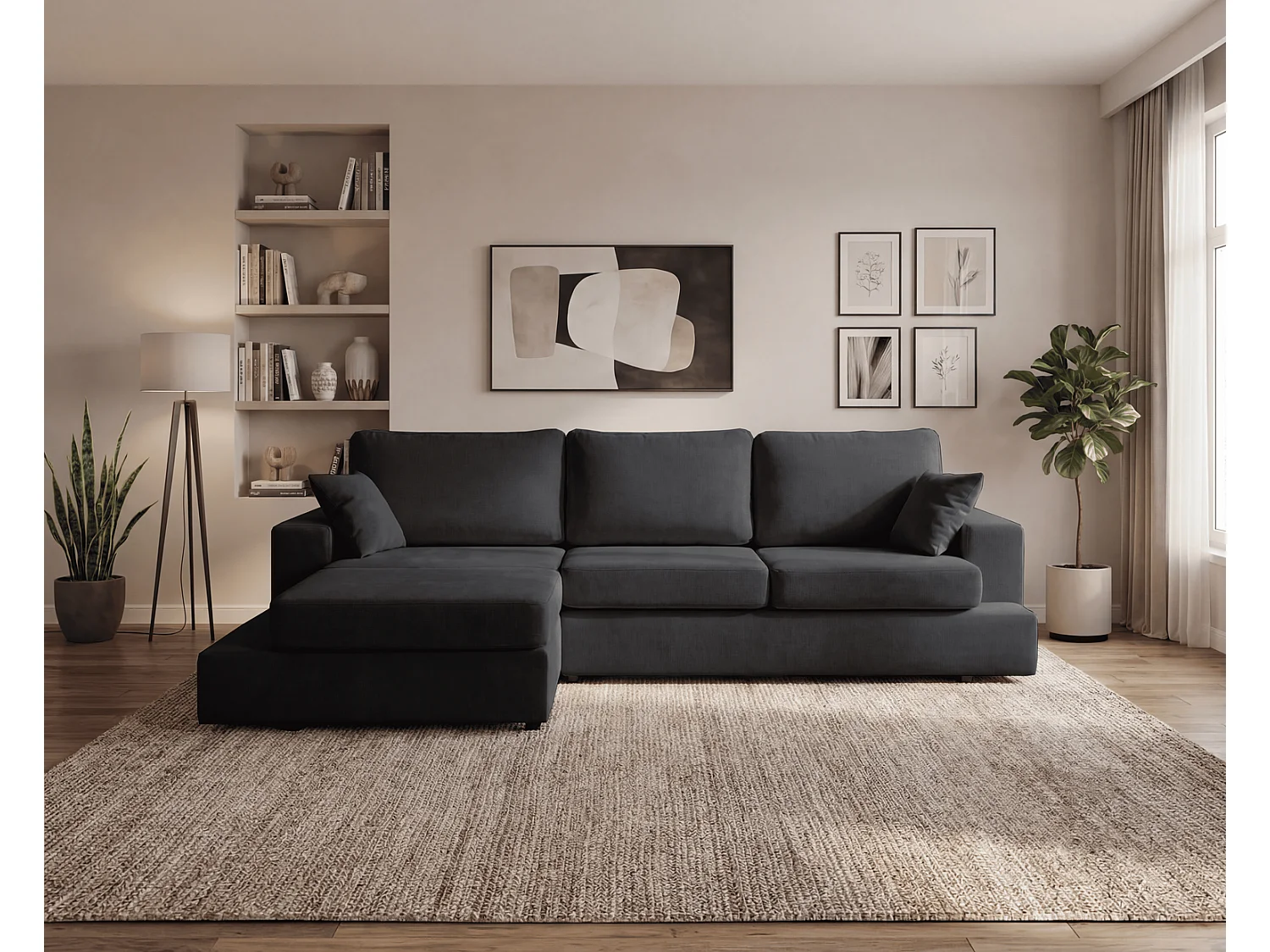 Canapé d'angle moelleux Fidenzo 260 cm, gauche, non convertible, design moderne, noir
