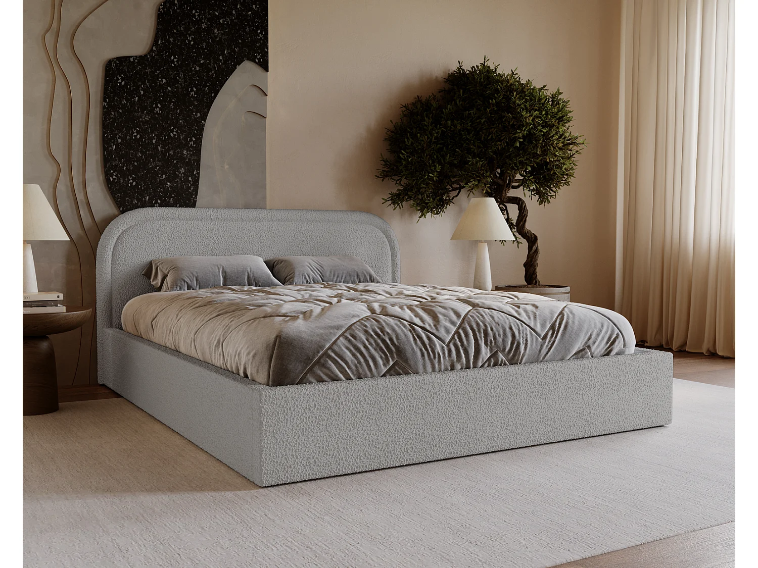 Lit bouclé 160x200 Dune avec tête de lit arrondie, coffre de rangement, sommier à lattes, Gris clair