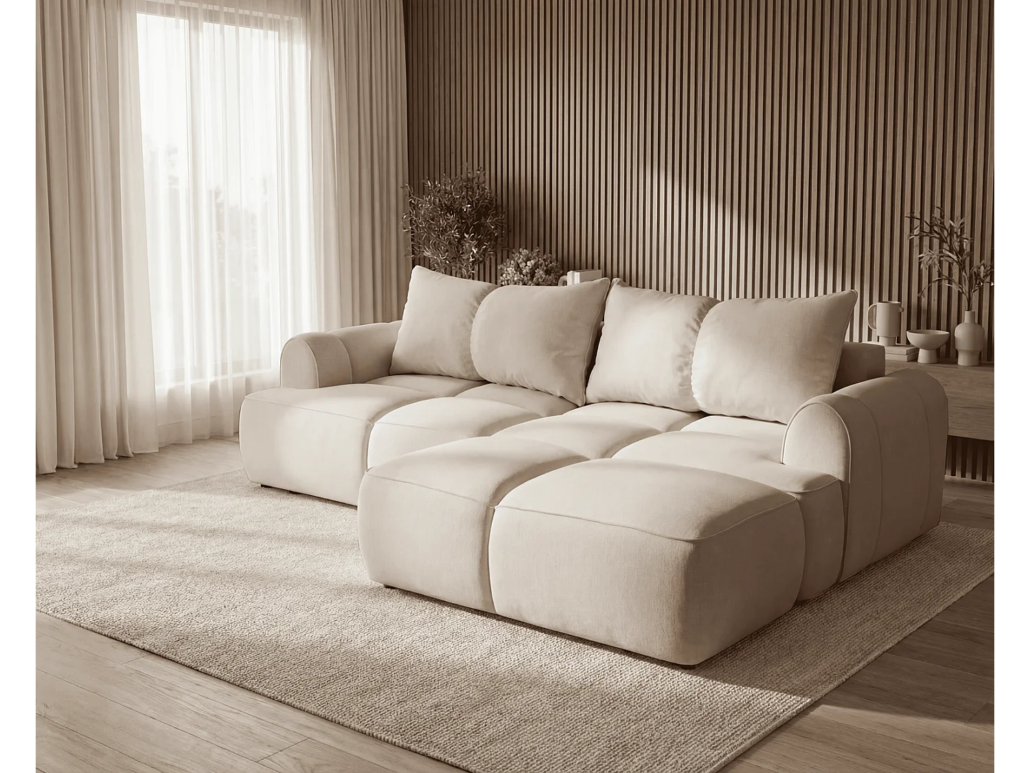 Canapé d'angle Avani 280 cm, canapé convertible avec rangement, design moderne, droite, beige