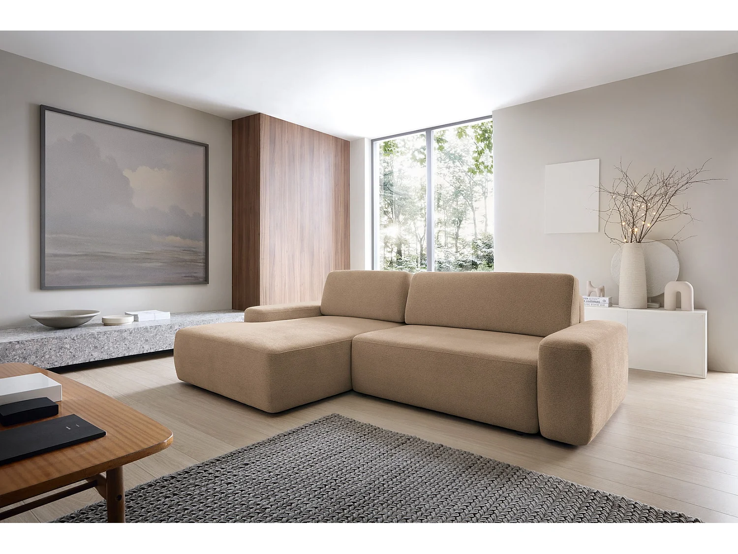 Canapé d'angle Orea M 265 cm convertible - formes arrondies, design moderne, canapé d'angle avec rangement, gauche, brun clair