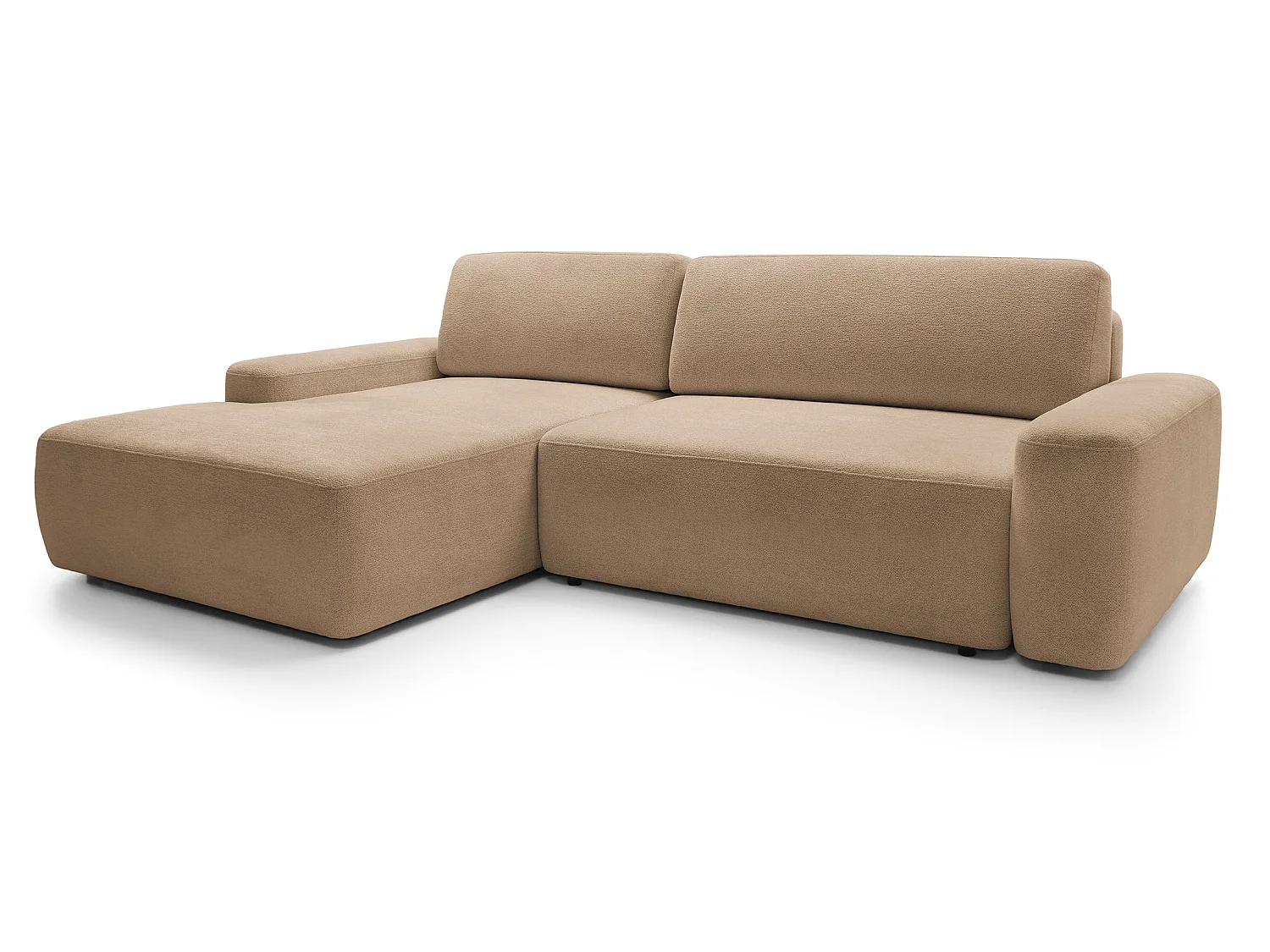Canapé d'angle Orea M 265 cm convertible - formes arrondies, design moderne, canapé d'angle avec rangement, gauche, brun clair