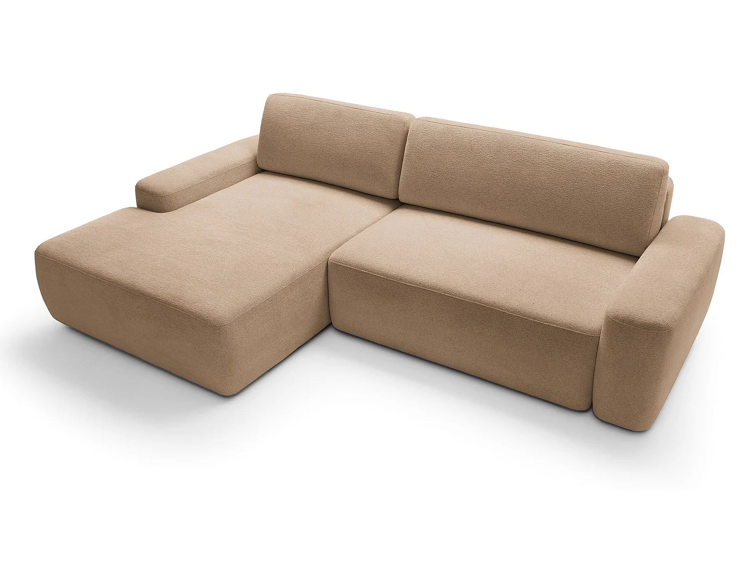 Canapé d'angle Orea M 265 cm convertible - formes arrondies, design moderne, canapé d'angle avec rangement, gauche, brun clair