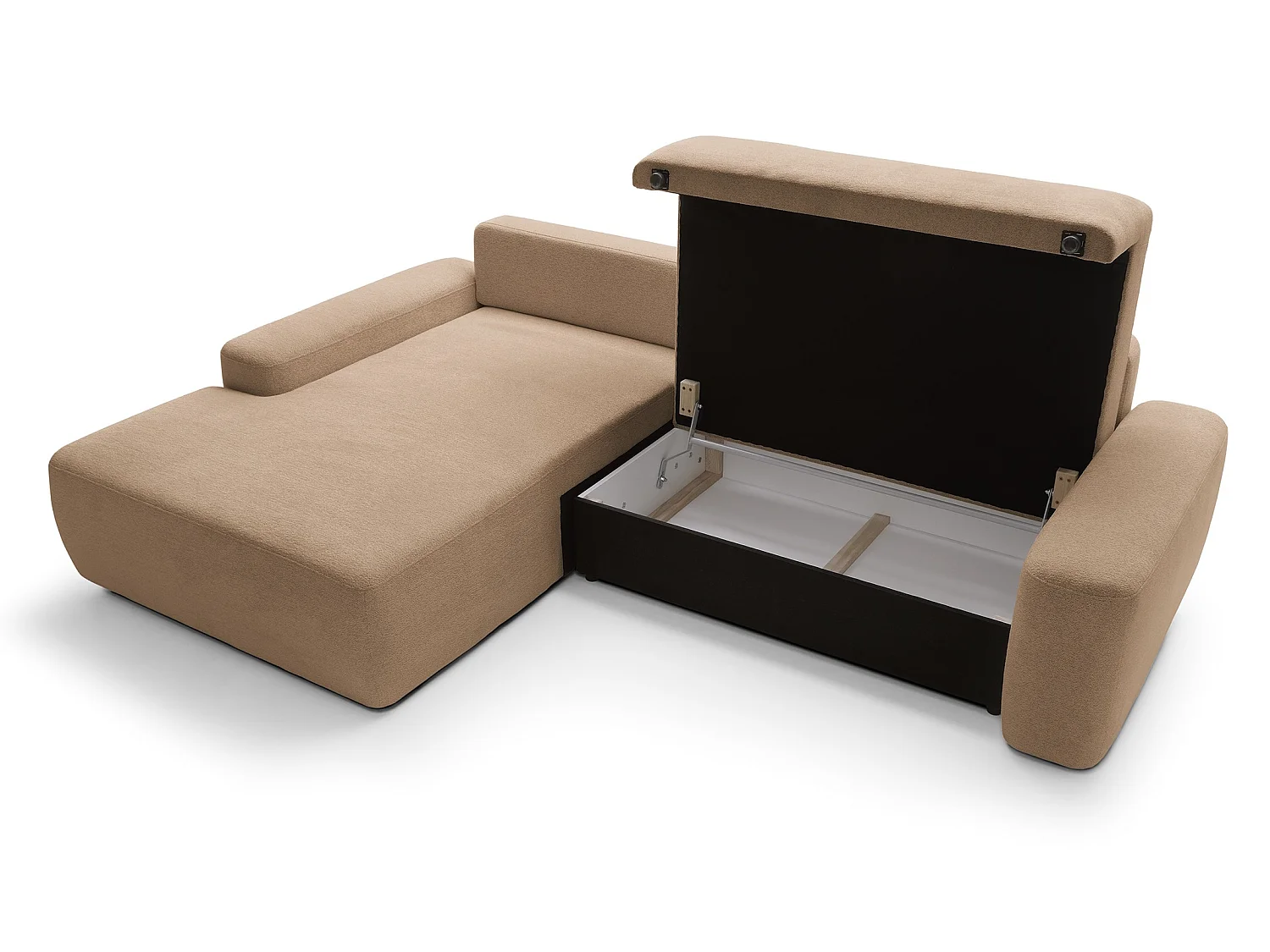 Canapé d'angle Orea M 265 cm convertible - formes arrondies, design moderne, canapé d'angle avec rangement, gauche, brun clair