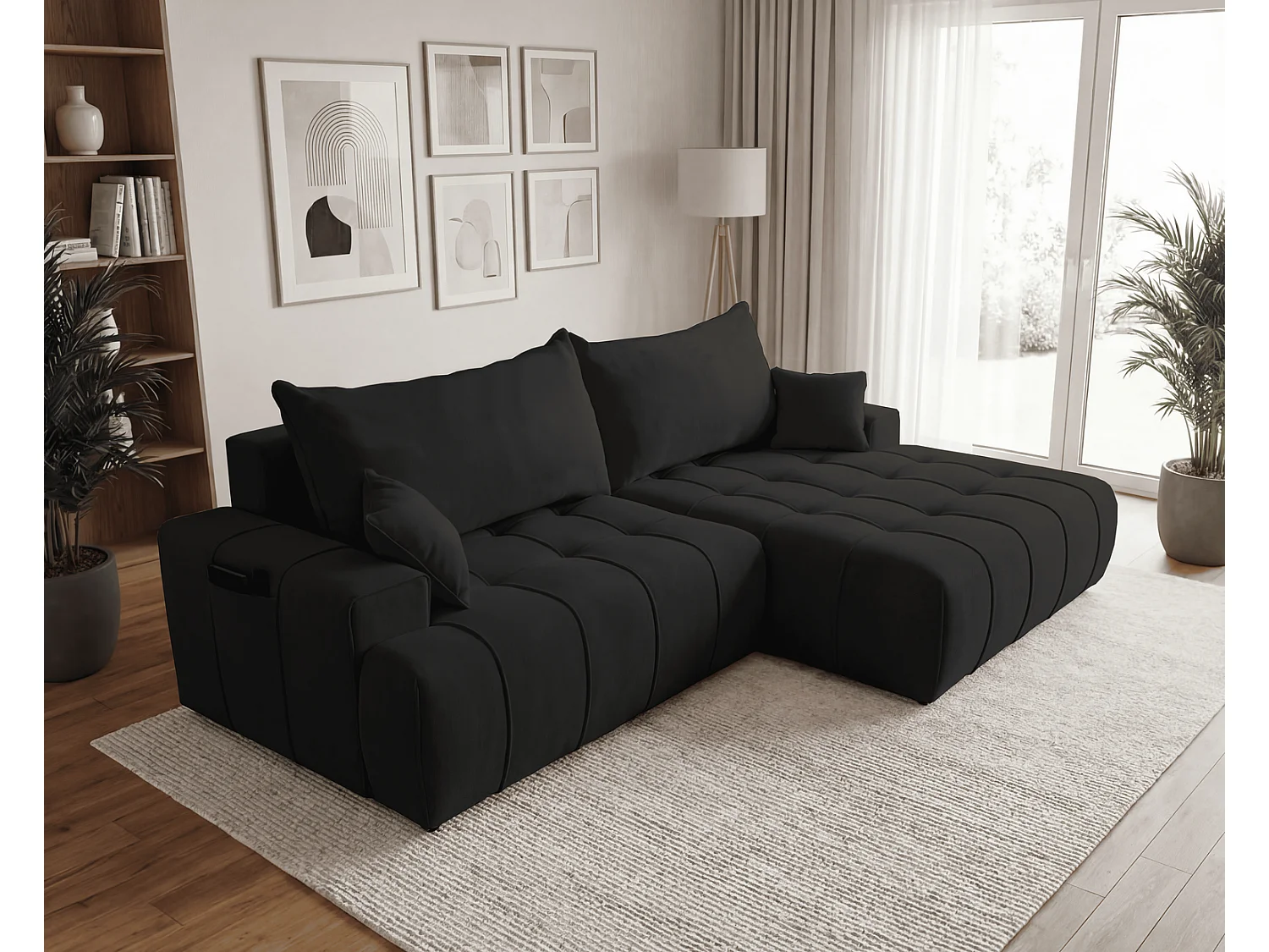 Canapé d'angle moderne Arvio 270 cm, convertible avec rangement, canapé design pour salon, droite, noir