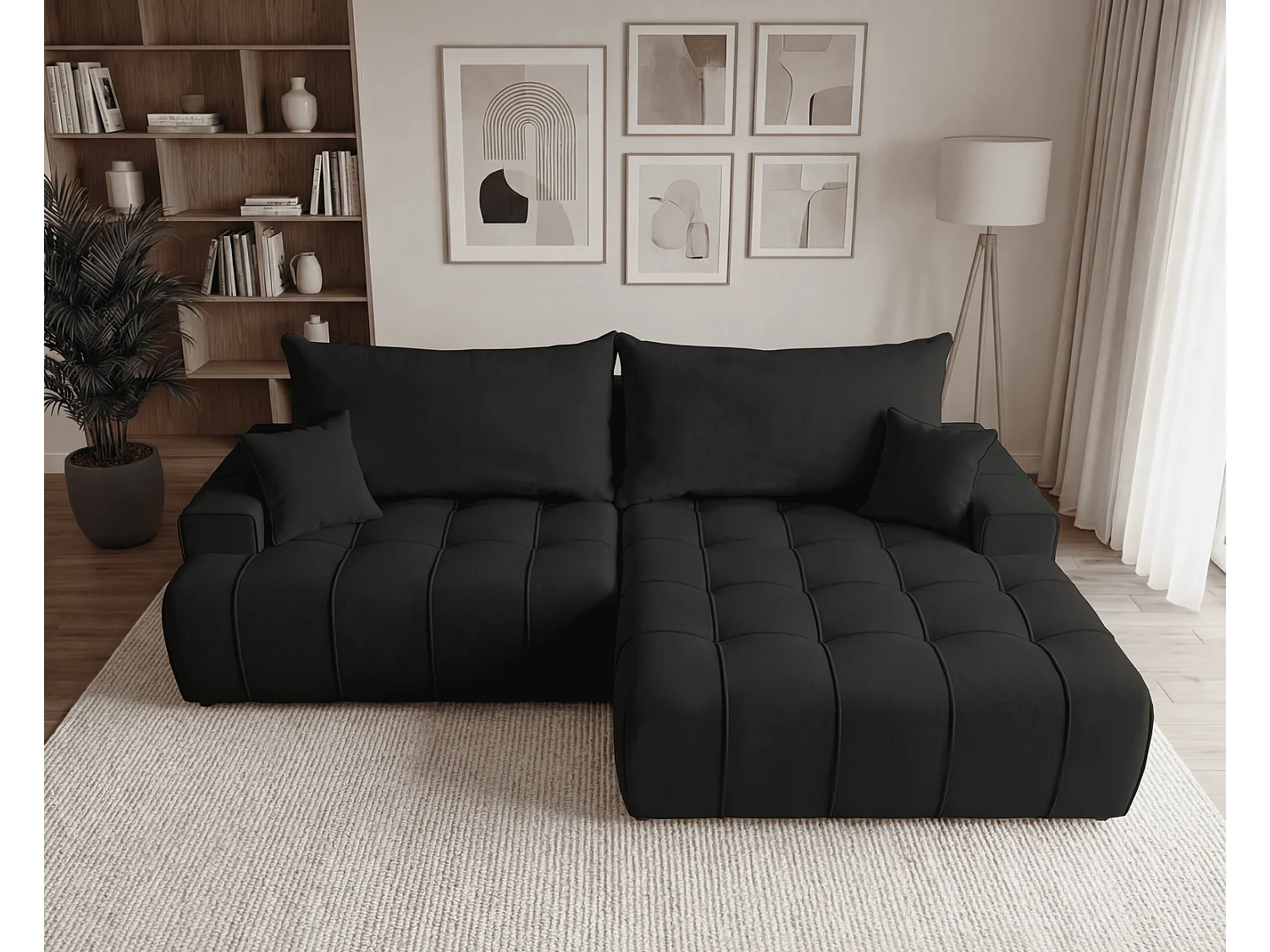 Canapé d'angle moderne Arvio 270 cm, convertible avec rangement, canapé design pour salon, droite, noir