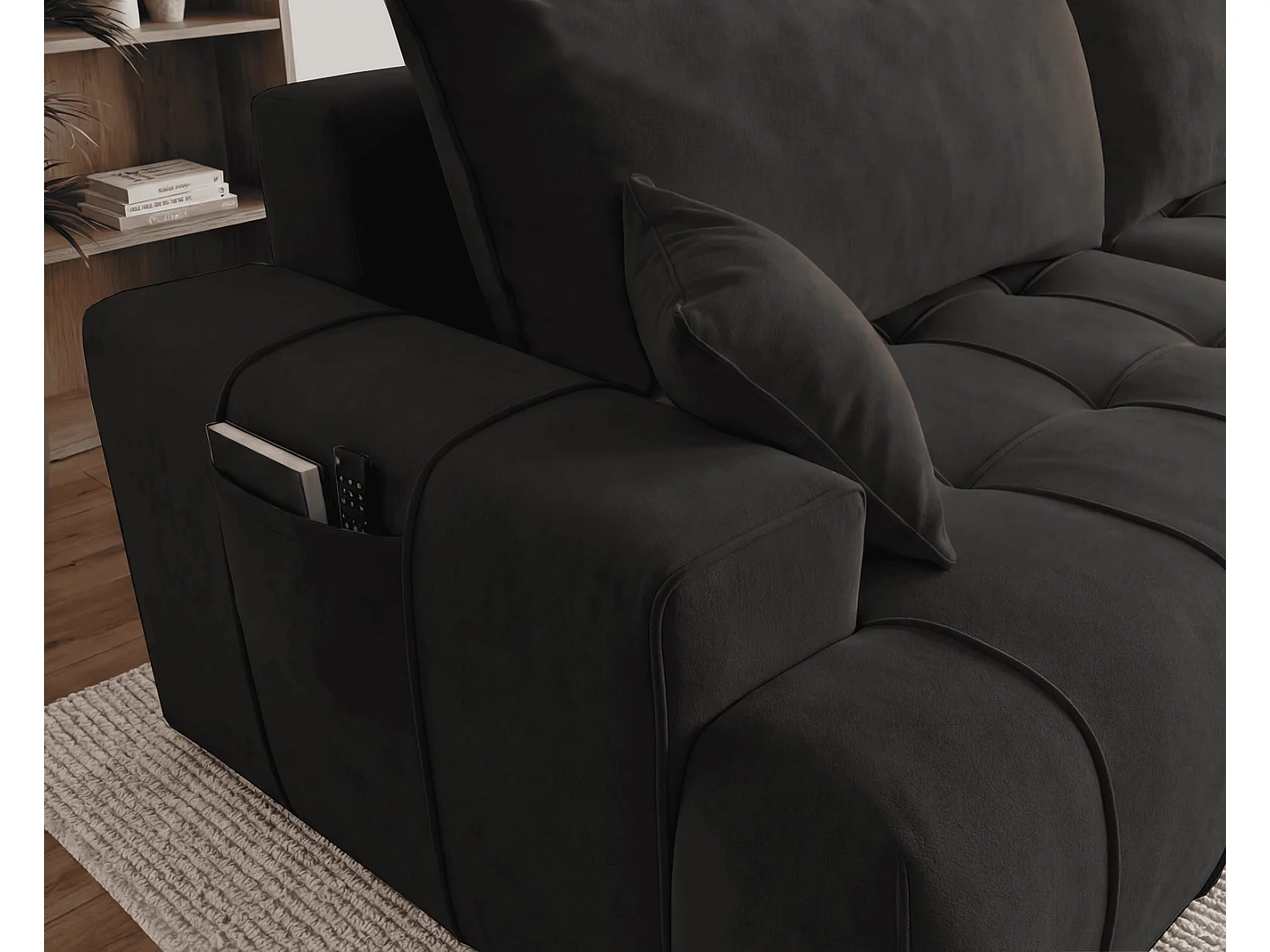 Canapé d'angle moderne Arvio 270 cm, convertible avec rangement, canapé design pour salon, droite, noir