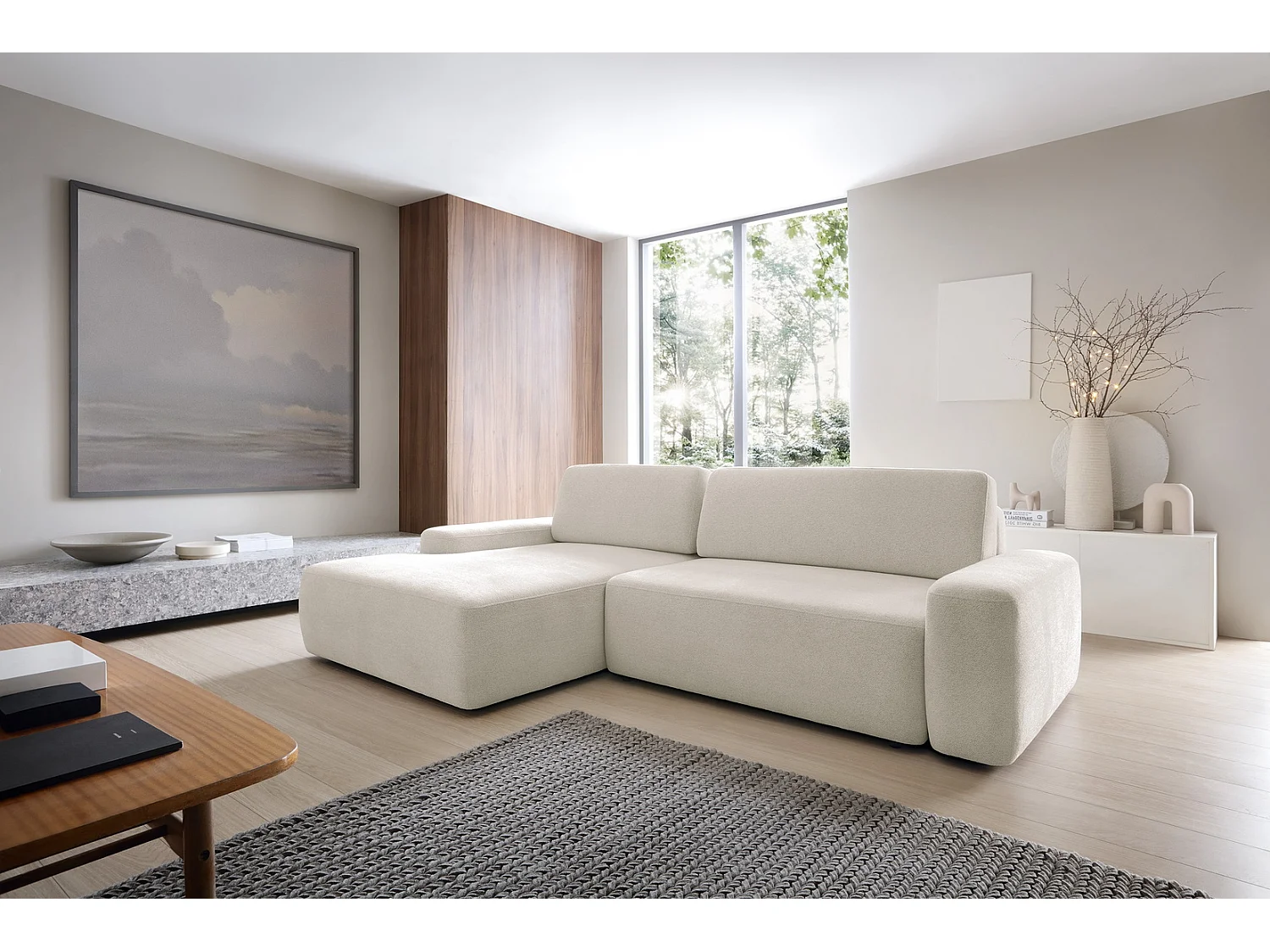 Canapé d'angle Orea M 265 cm convertible - formes arrondies, design moderne, canapé d'angle avec rangement, gauche, beige