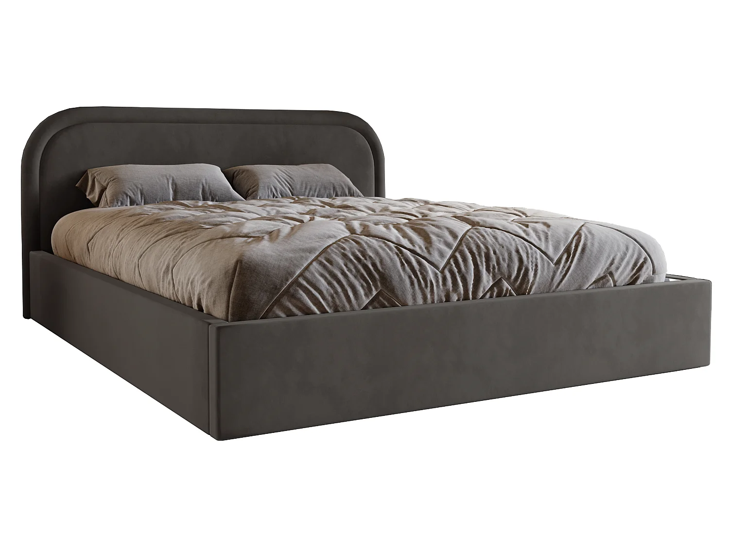 Gestoffeerd bed 160x200 Dune met rond hoofdbord, opbergruimte en lattenbodem, tweepersoonsbed, Donkergrijs
