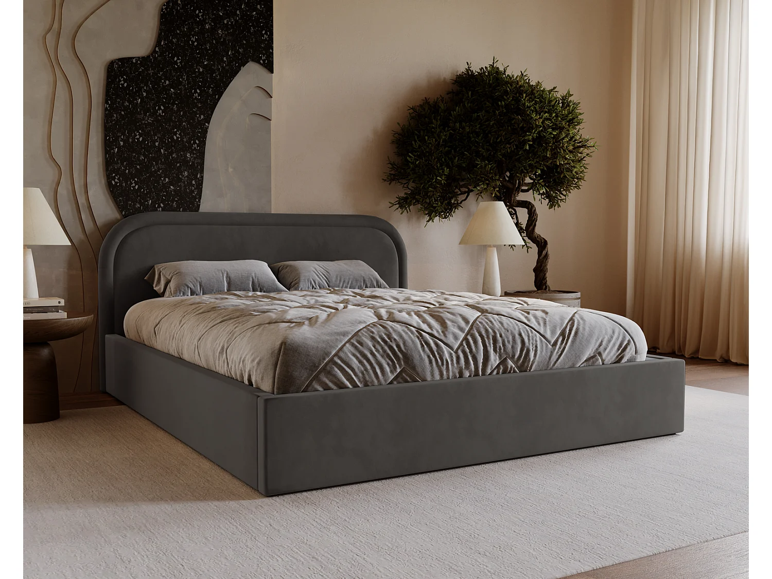 Gestoffeerd bed 160x200 Dune met rond hoofdbord, opbergruimte en lattenbodem, tweepersoonsbed, Donkergrijs