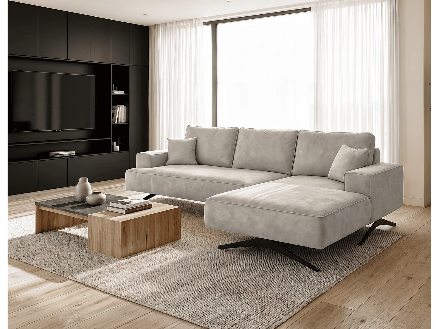 Ecksofa Zenaro in L-Form auf Füßen - modernes Design, Sofa 260 cm, rechts, Hellgrau