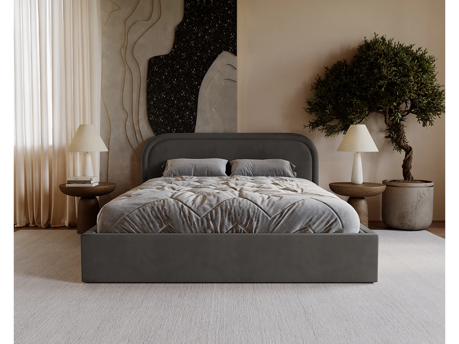 Lit coffre 140x200 Dune avec tête de lit arrondie, sommier à lattes, lit double, Gris foncé