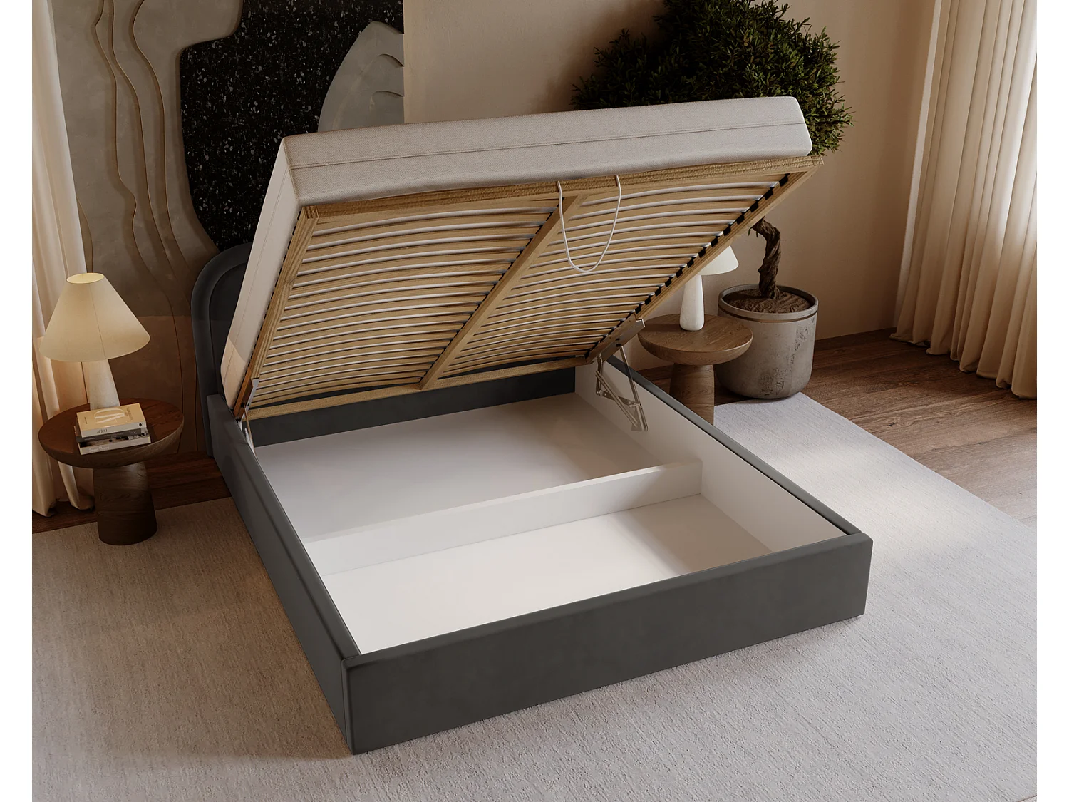 Lit coffre 140x200 Dune avec tête de lit arrondie, sommier à lattes, lit double, Gris foncé