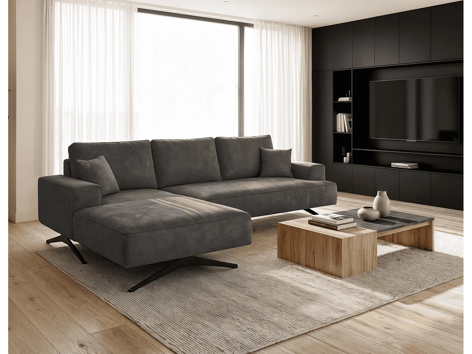 Ecksofa Zenaro in L-Form auf Füßen - modernes Design, Sofa 260 cm, links, Dunkelgrau