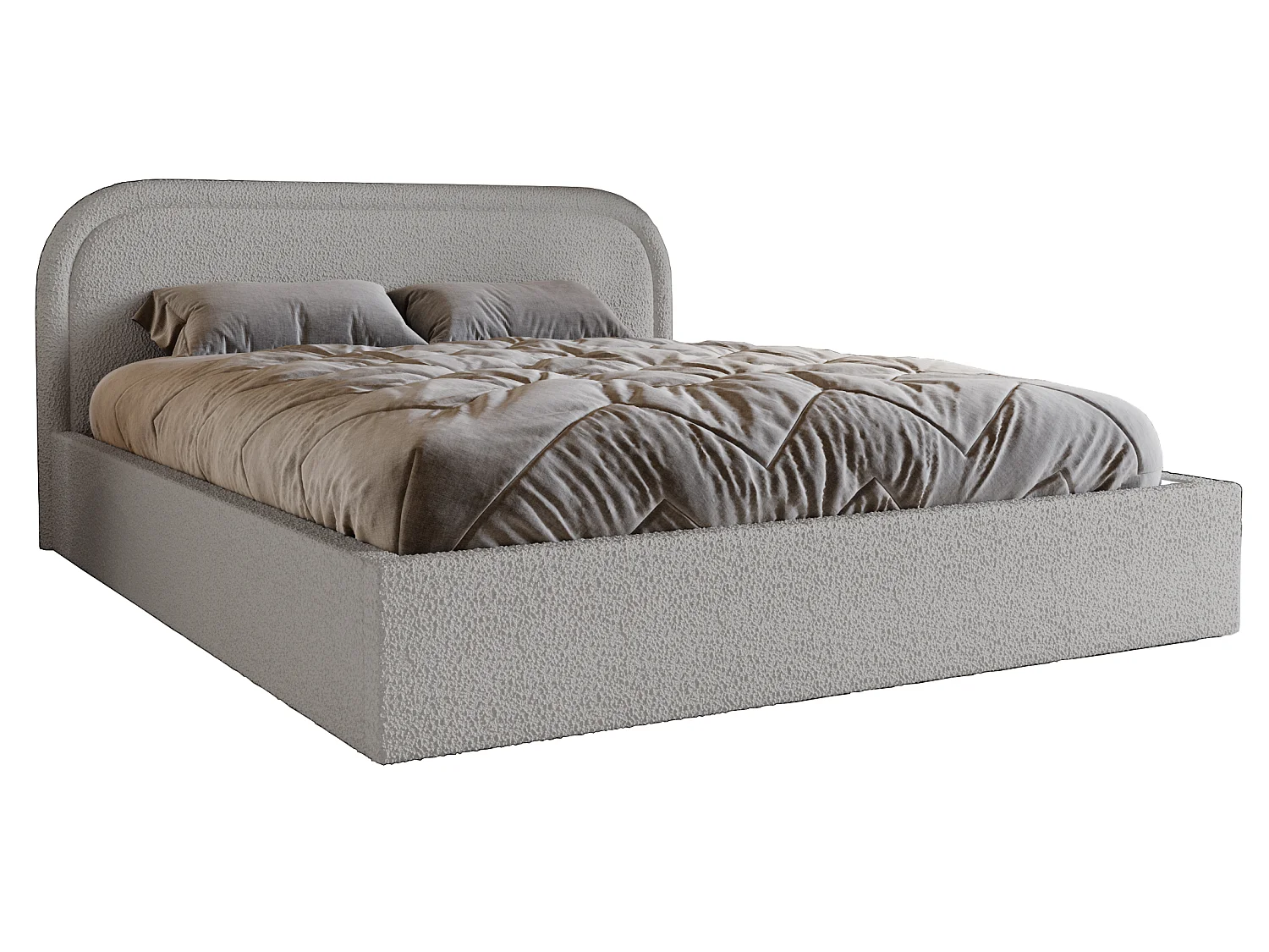Lit bouclé 200x200 Dune avec tête de lit arrondie, coffre de rangement, sommier à lattes, Gris clair