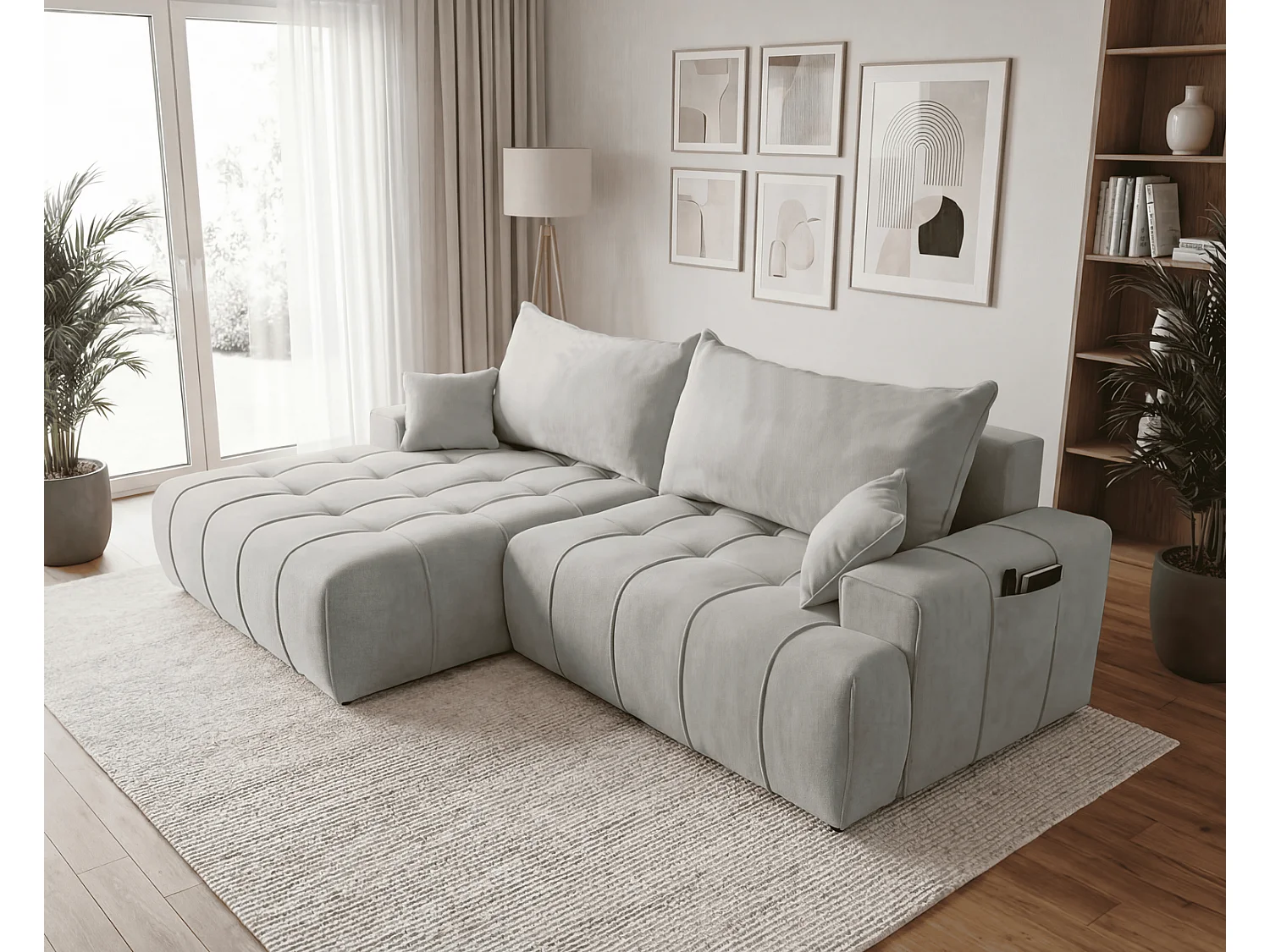 Canapé d'angle moderne Arvio 270 cm, convertible avec rangement, canapé design pour salon, gauche, gris clair