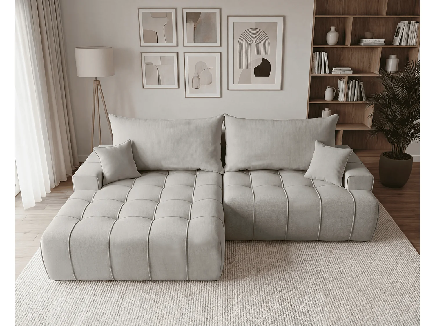 Canapé d'angle moderne Arvio 270 cm, convertible avec rangement, canapé design pour salon, gauche, gris clair