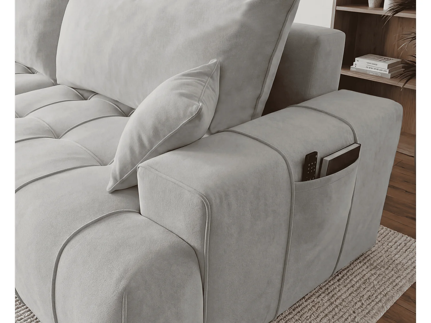 Canapé d'angle moderne Arvio 270 cm, convertible avec rangement, canapé design pour salon, gauche, gris clair