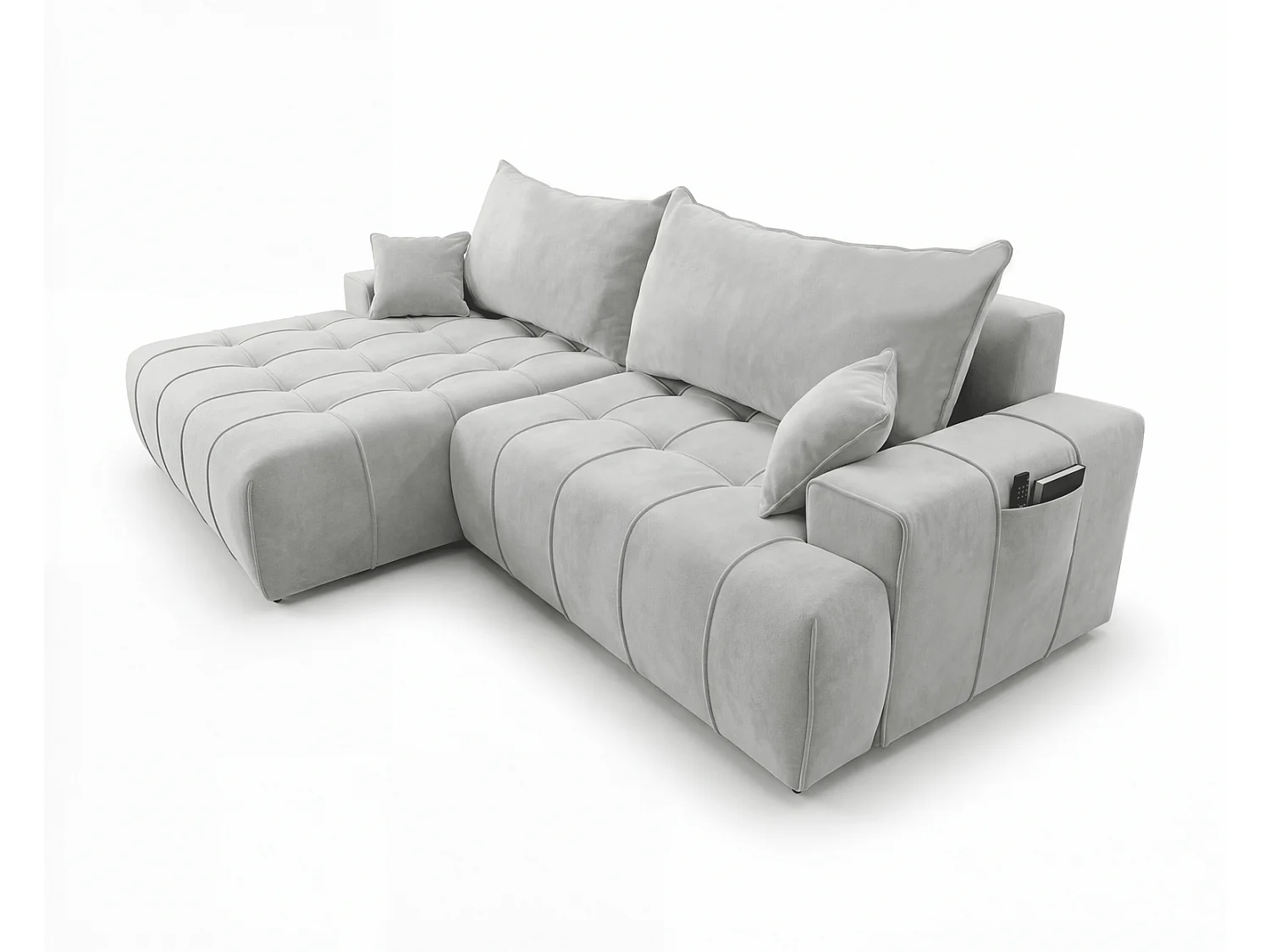 Canapé d'angle moderne Arvio 270 cm, convertible avec rangement, canapé design pour salon, gauche, gris clair