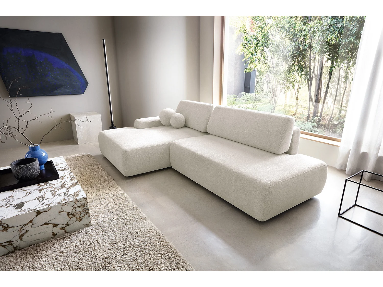 Canapé d'angle Orea O avec rangement design aux formes arrondies - canapé d'angle convertible, gauche, beige
