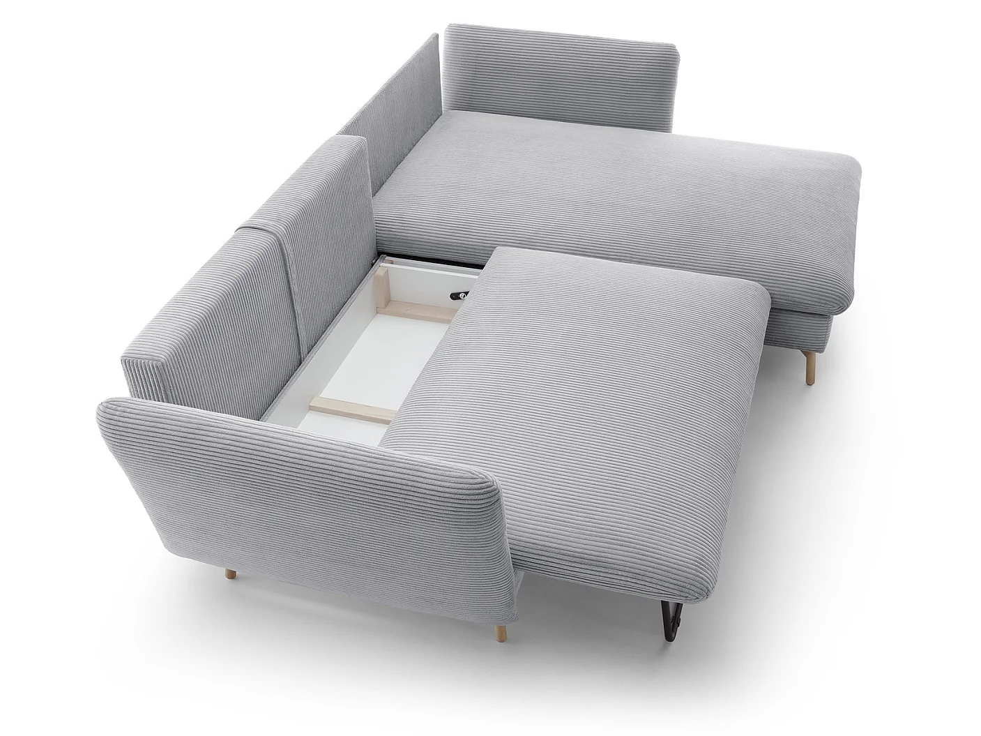 Canapé d'angle convertible Savona 260 cm, velours côtelé, droite - canapé d'angle avec coffre de rangement, gris clair