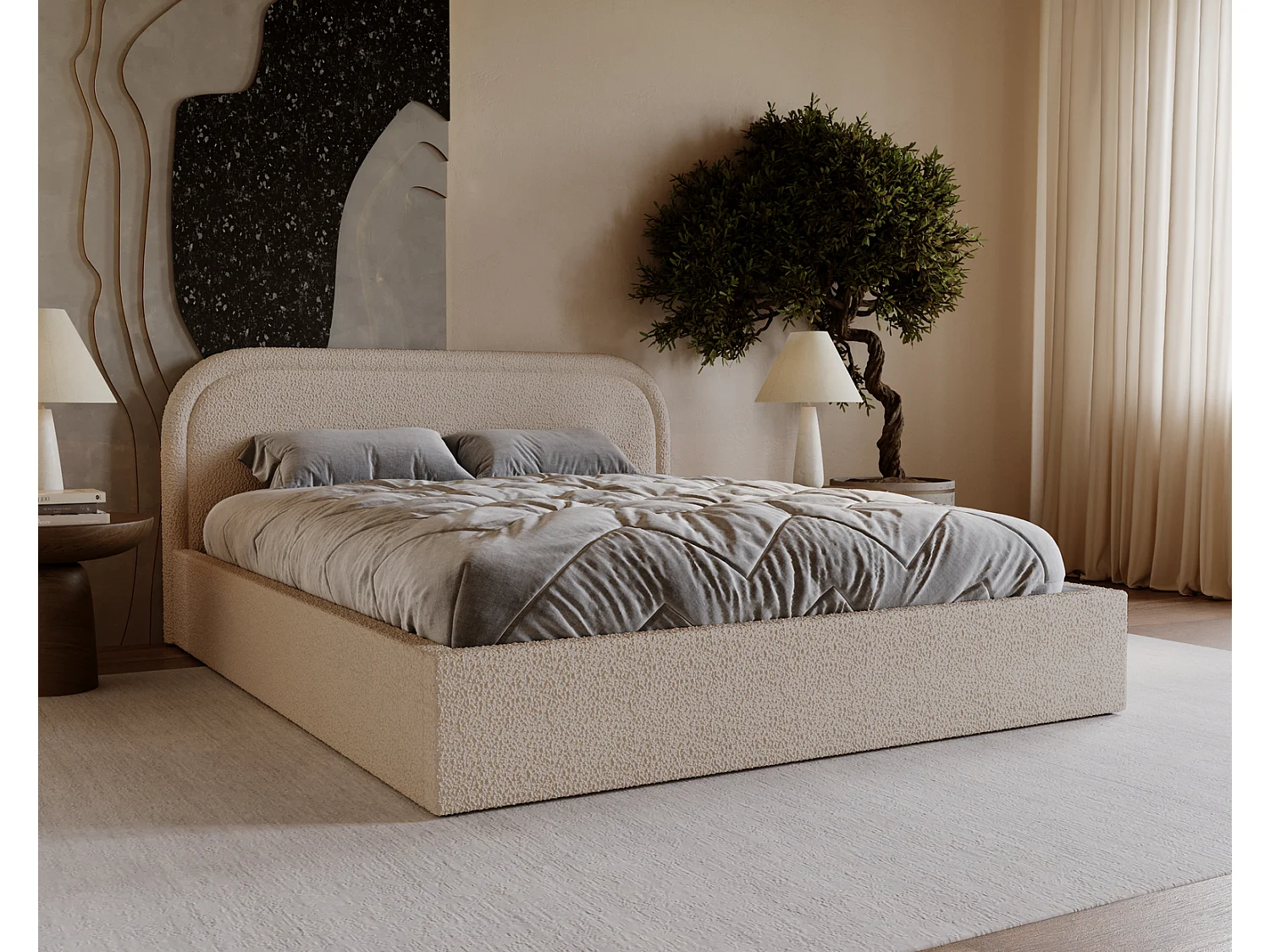Lit bouclé 180x200 Dune avec tête de lit arrondie, coffre de rangement, sommier à lattes, Beige