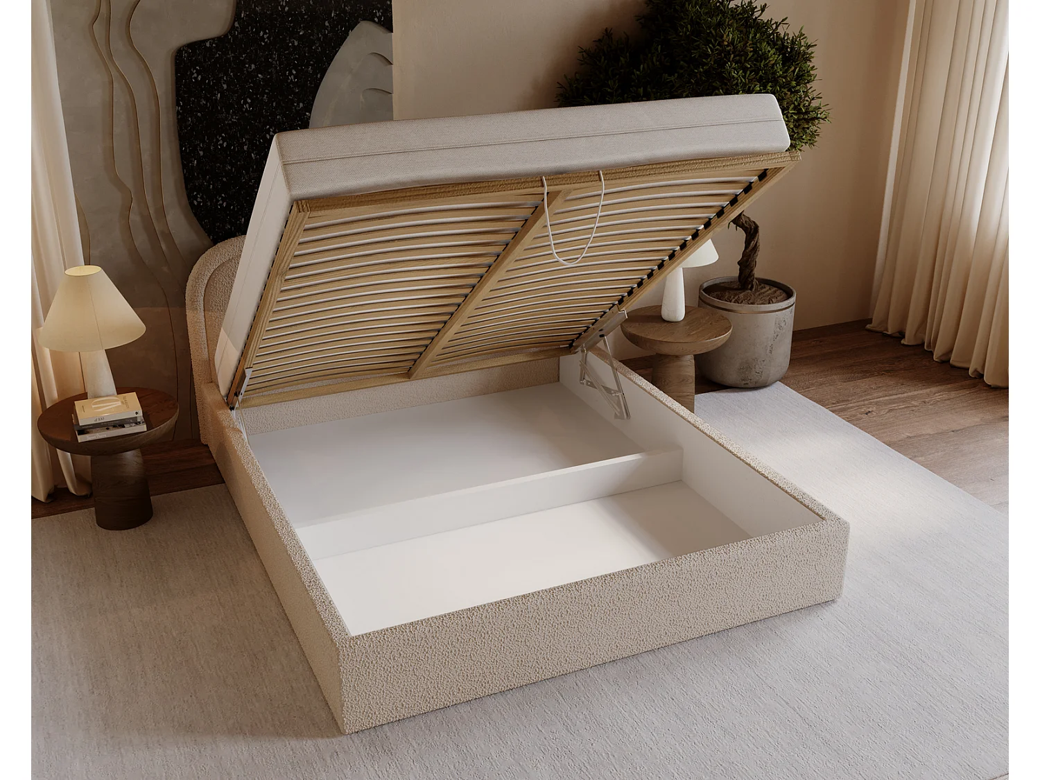 Lit bouclé 180x200 Dune avec tête de lit arrondie, coffre de rangement, sommier à lattes, Beige