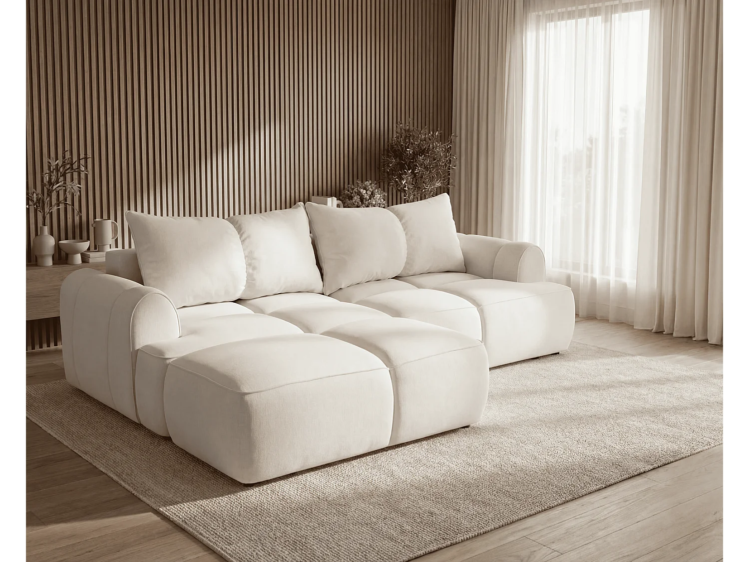 Canapé d'angle Avani 280 cm, canapé convertible avec rangement, design moderne, gauche, crème