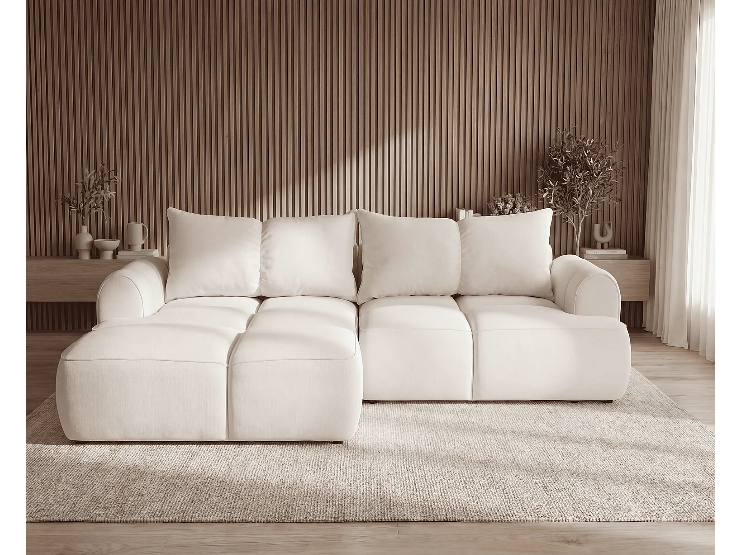 Canapé d'angle Avani 280 cm, canapé convertible avec rangement, design moderne, gauche, crème