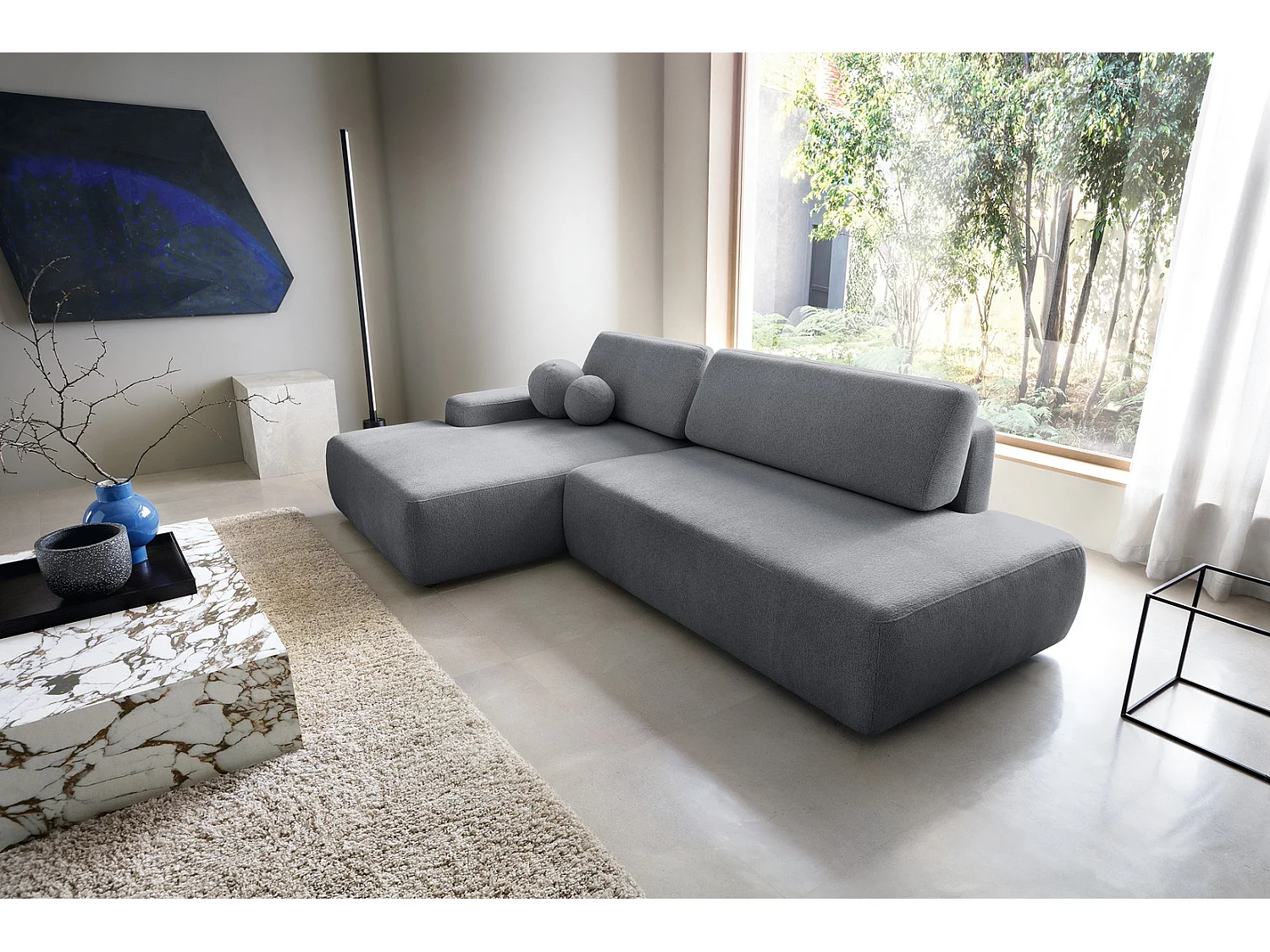 Canapé d'angle Orea O avec rangement design aux formes arrondies - canapé d'angle convertible, gauche, gris foncé