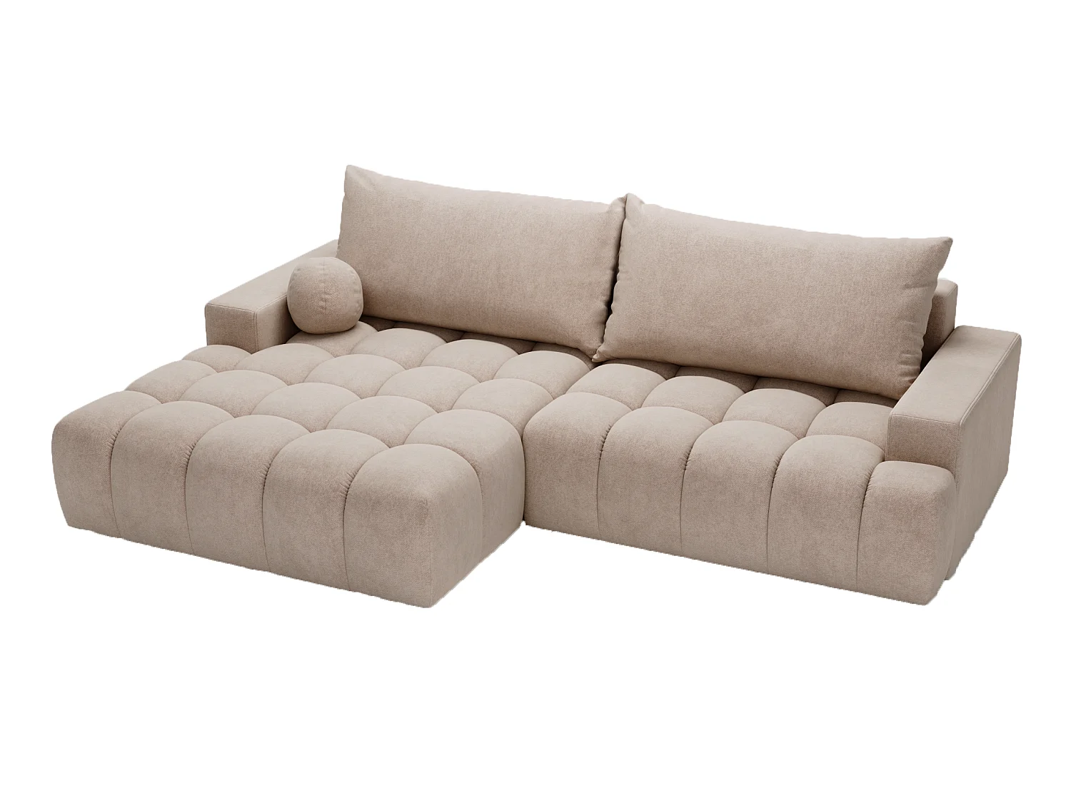 Canapé d'angle convertible Novira 270 cm pour salon, style moderne, coffre de rangement, coussins, gauche, beige