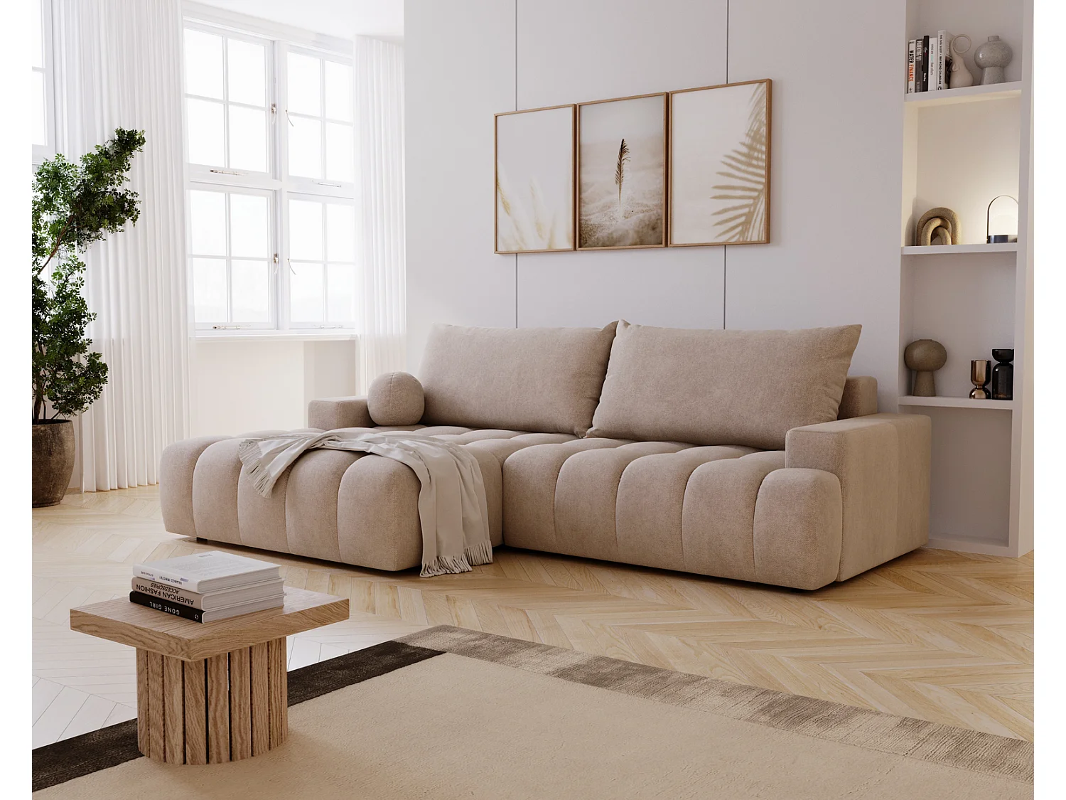 Canapé d'angle convertible Novira 270 cm pour salon, style moderne, coffre de rangement, coussins, gauche, beige