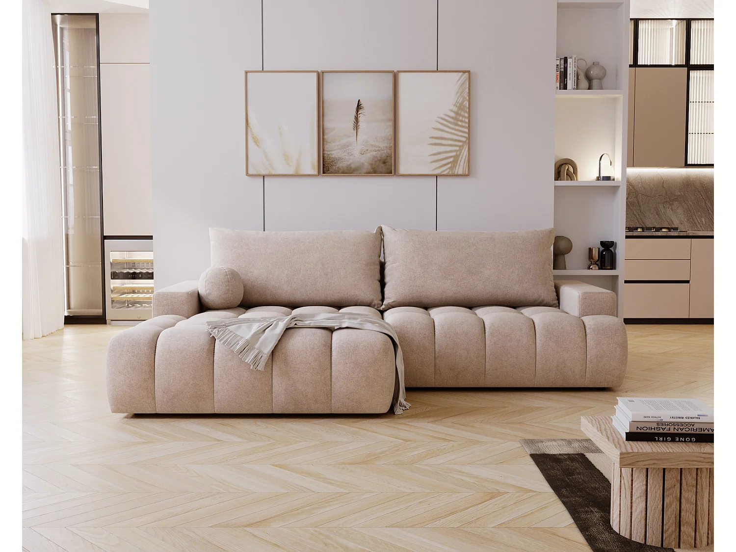 Canapé d'angle convertible Novira 270 cm pour salon, style moderne, coffre de rangement, coussins, gauche, beige