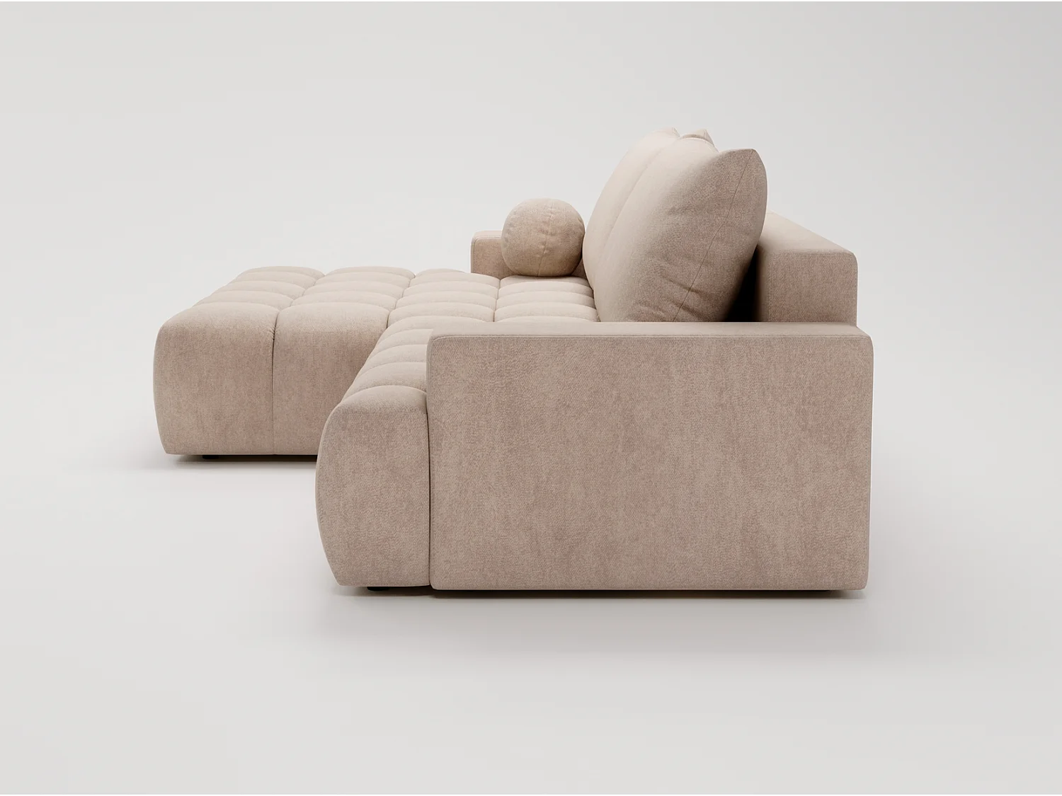 Canapé d'angle convertible Novira 270 cm pour salon, style moderne, coffre de rangement, coussins, gauche, beige