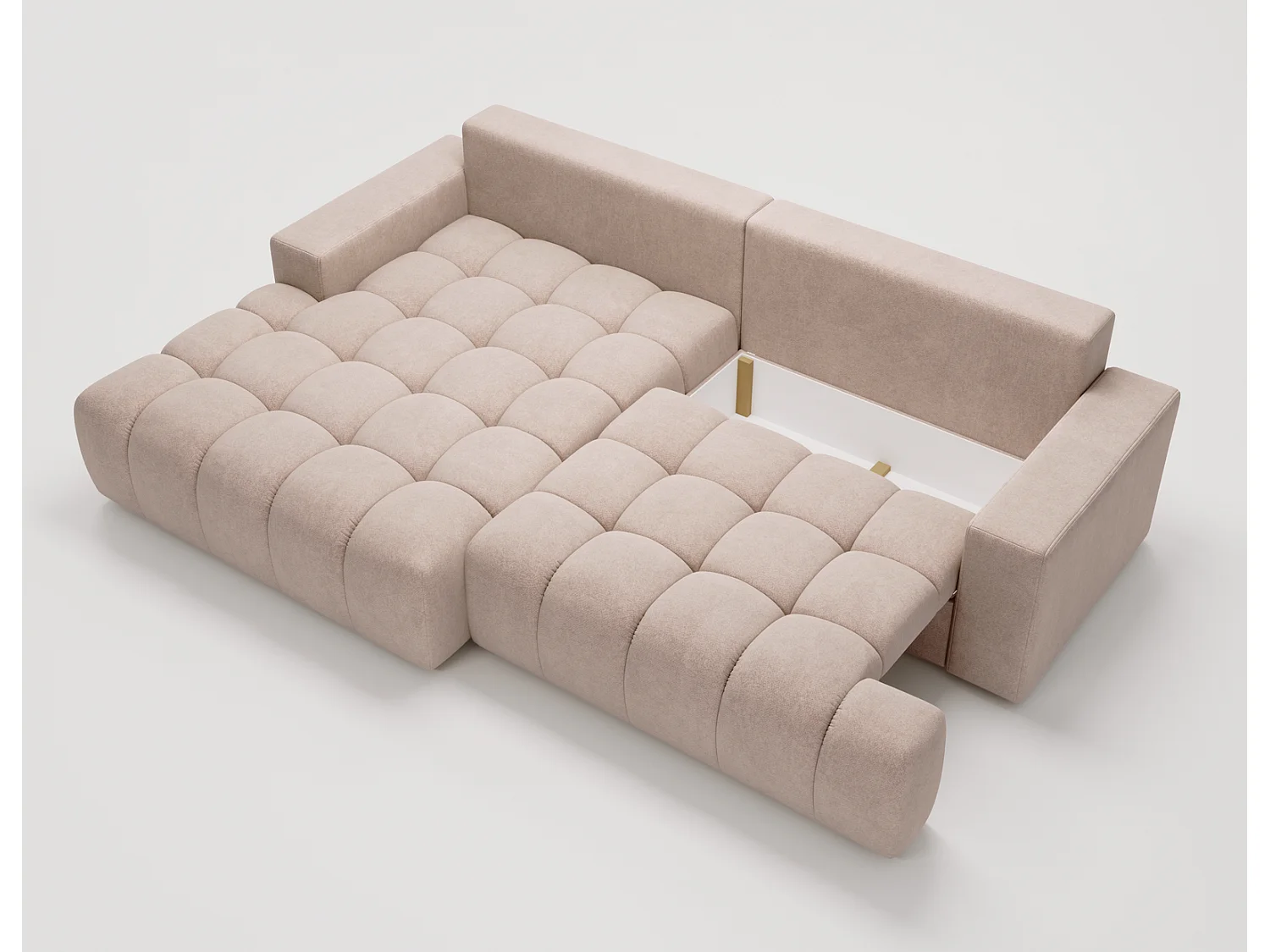 Canapé d'angle convertible Novira 270 cm pour salon, style moderne, coffre de rangement, coussins, gauche, beige